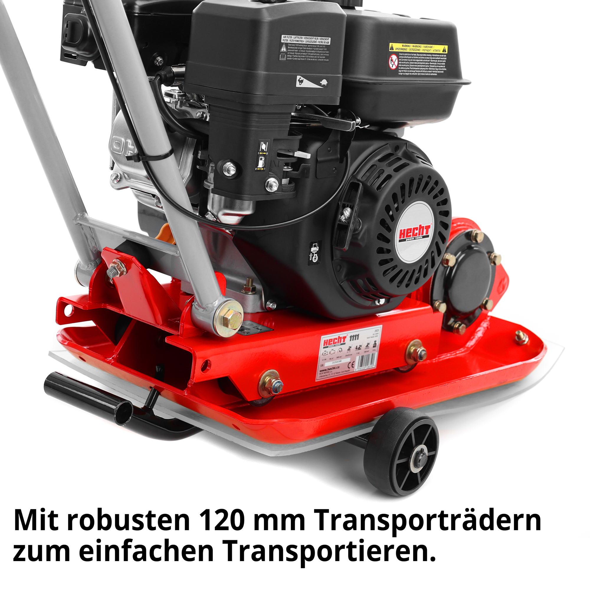 HECHT 1111 Rüttelplatte mit robusten 120 mm Transporträdern zum einfachen Transportieren