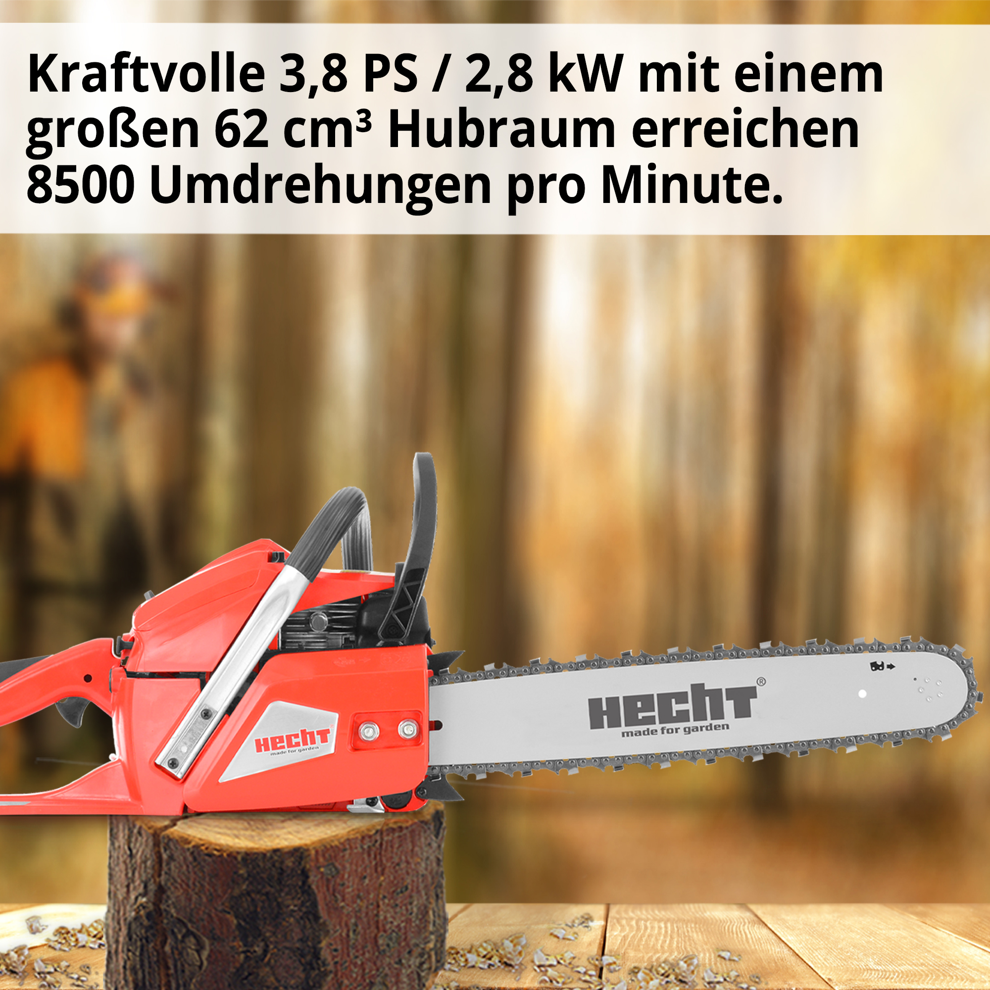 HECHT Benzin-Kettensäge mit 3,8 PS Leistung und 62 cm³ Hubraum für 8500 U/min beim Sägen