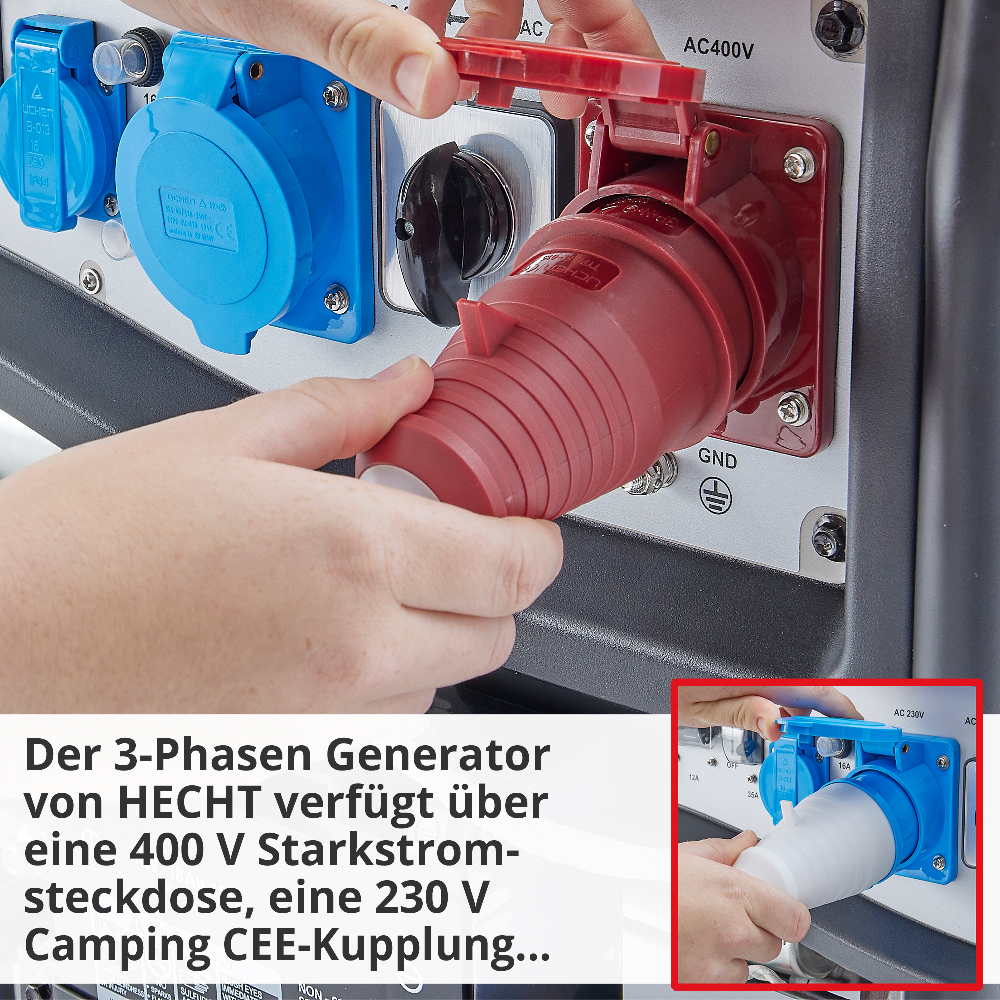 Hecht GG 11000 Notstromaggregat Benzin; Der 3-Phasen Generator verfügt über eine Starkstromsteckdose und eine Camping CEE-Kupplung