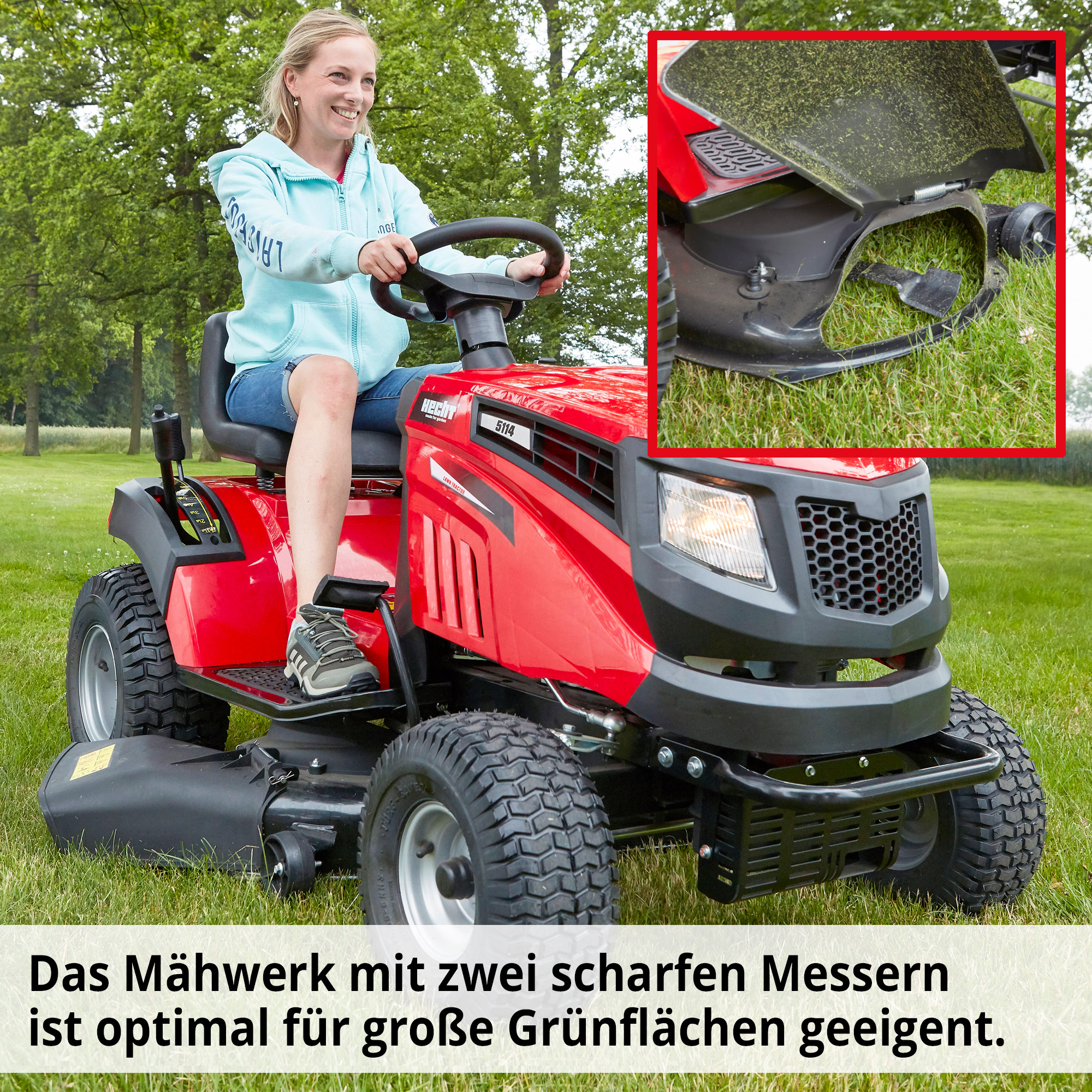 Hecht Benzin-Rasentraktor Aufsatzmäher 5114 mit zwei robusten Metall Messern ideal für große Flächen 