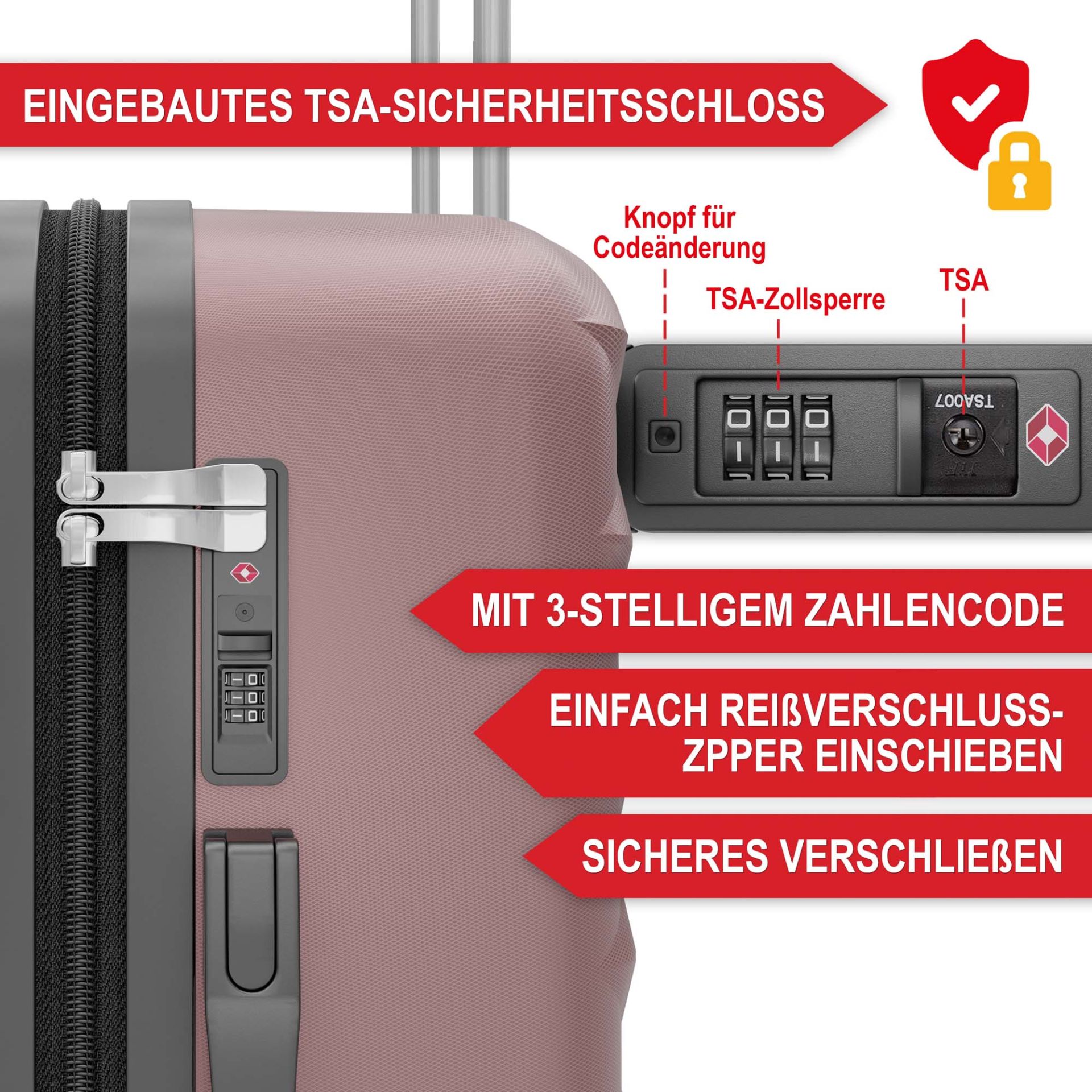 Hartschalenkofferset Rose Gold - Eingebautes TSA-Sicherheitsschloss; Mit 3-stelligem Zahlencode; einfach Reißverschlusszipper einschieben; sicheres Verschließen