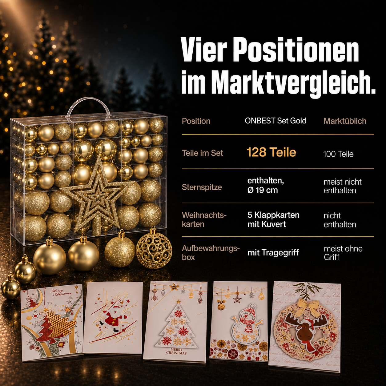 ONBEST Weihnachtskugeln im Vergleich: 128 Teile mit Stern und Karten (Dieses Bild wurde mit Hilfe von KI generiert.)