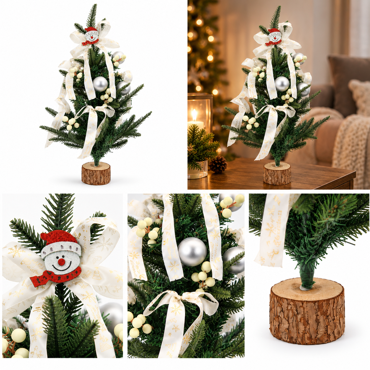 Onbest Weihnachtsbaum 60 cm Weisse Schleife u. Silberne Kugeln in Aktion (Dieses Bild wurde mit Hilfe von KI generiert.)