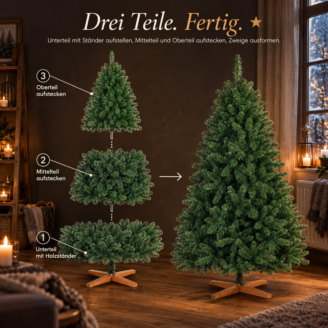 Einfacher Christbaum-Aufbau: Drei Teile zusammenstecken und ausformen (Dieses Bild wurde mit Hilfe von KI generiert.)