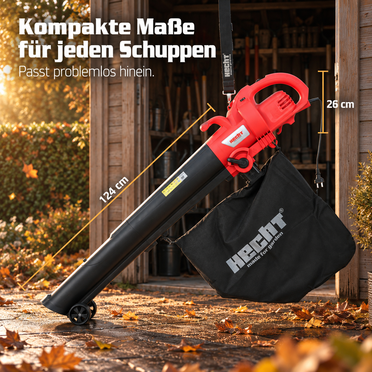 Kompakter HECHT Laubsauger: Nur 124 cm lang und ideal für jeden Schuppen (Dieses Bild wurde mit Hilfe von KI generiert.)