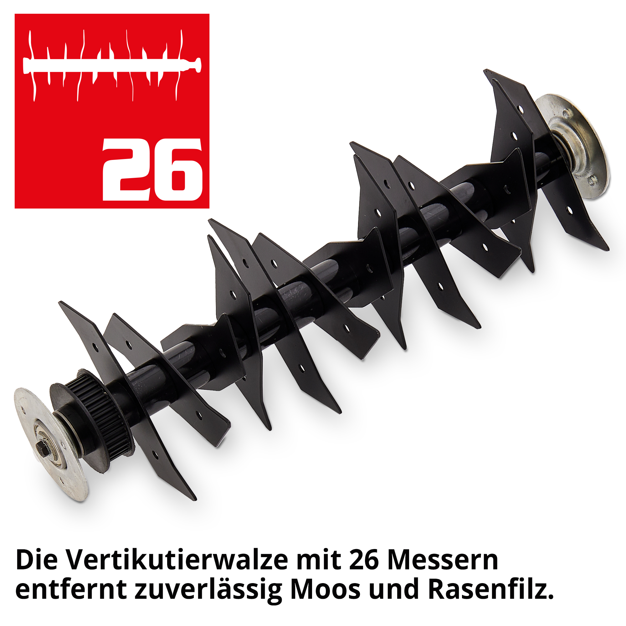 Vertikutierer; Die vertikutierwalze mit 26 Messern entfernt zuverlässig Moos und Rasenfilz