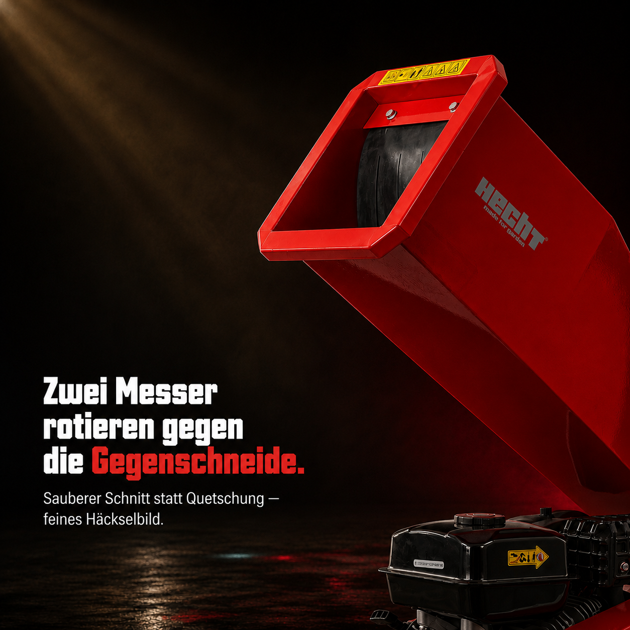 Messerwerk im HECHT Holzhäcksler für sauberen Schnitt ohne Quetschung (Dieses Bild wurde mit Hilfe von KI generiert.)