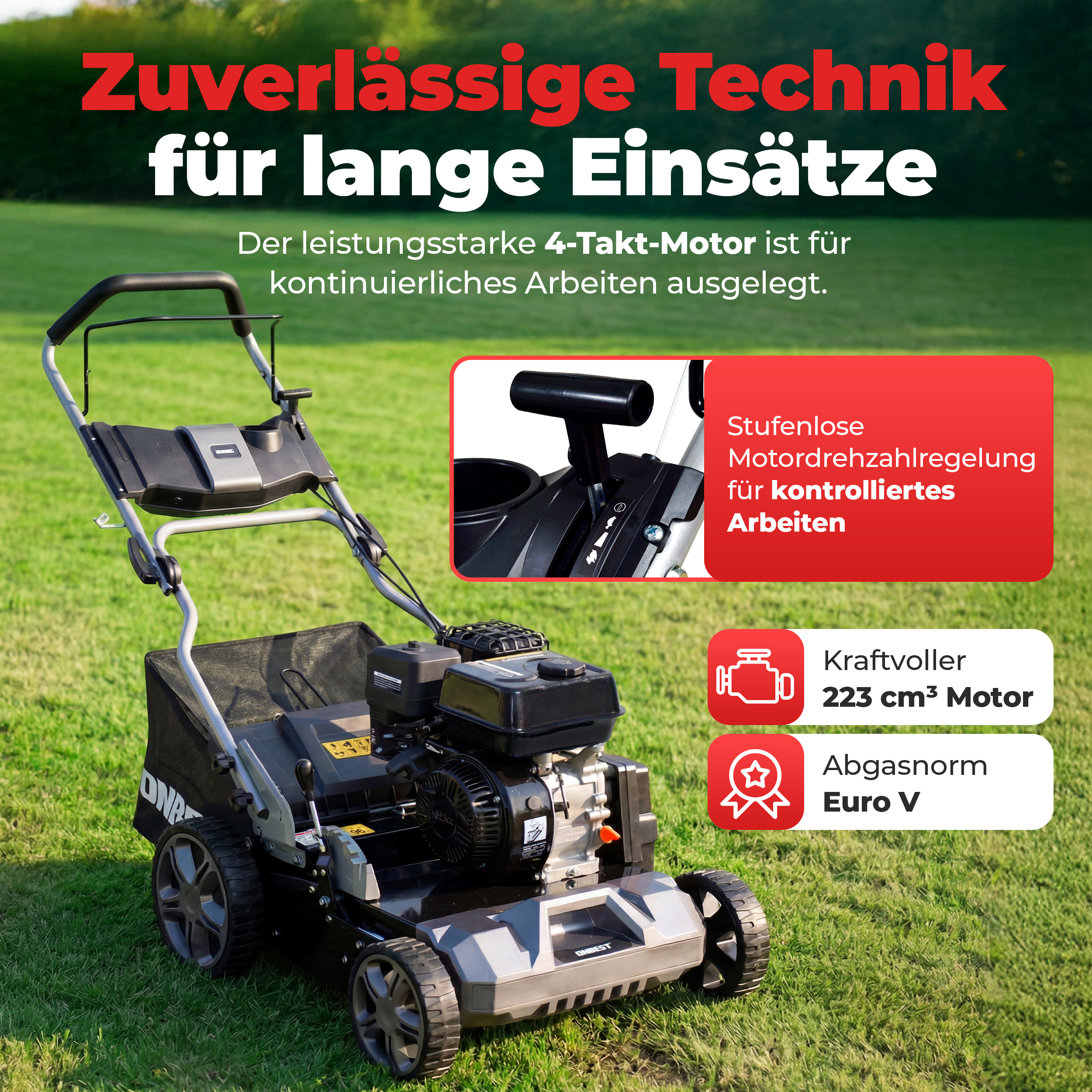 Benzin Vertikutierer Motor 223 ccm 4-Takt Euro 5 Drehzahlregelung Cockpit