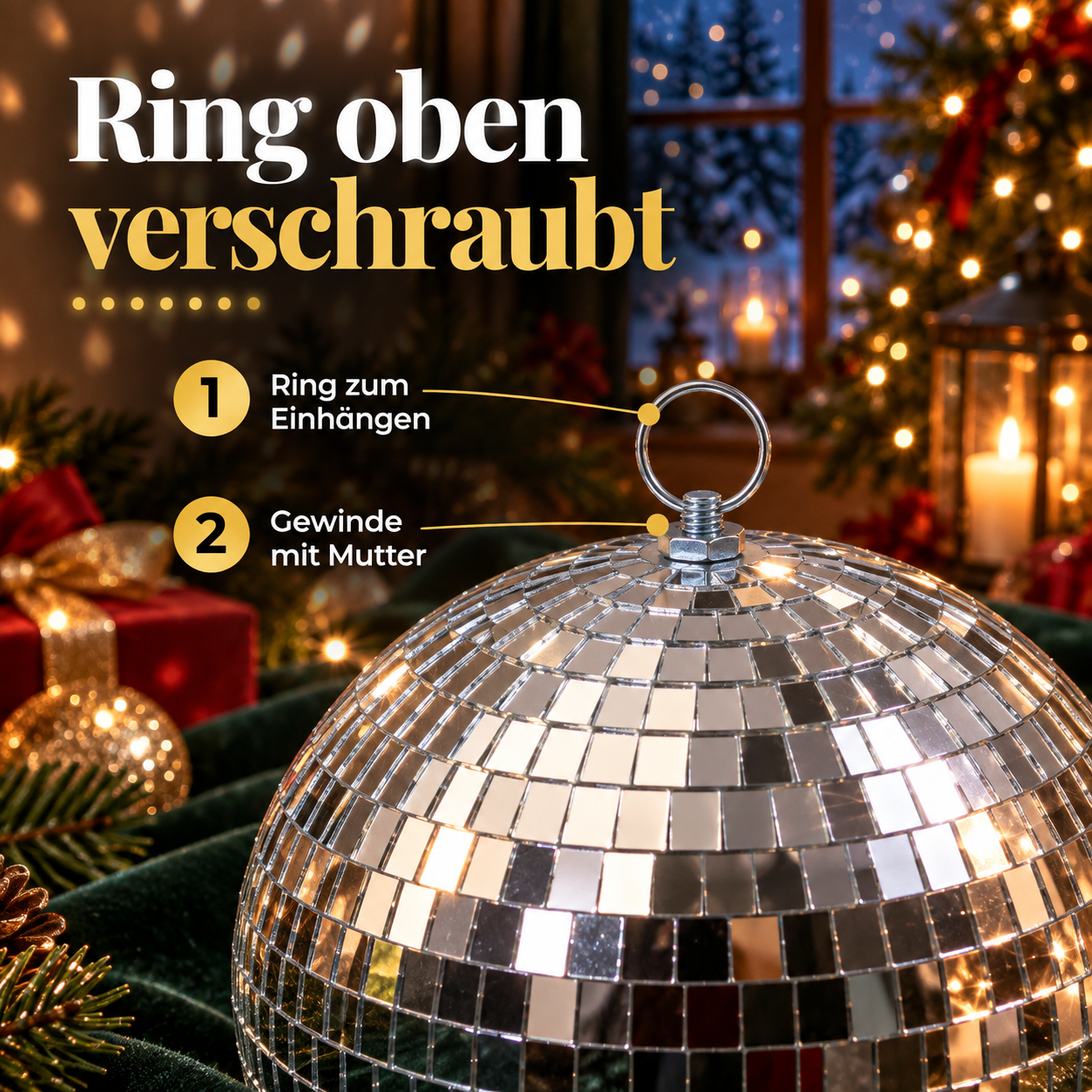 Aufhängung der Spiegelkugel: Sicher verschraubter Ring mit Gewinde (Dieses Bild wurde mit Hilfe von KI generiert.)
