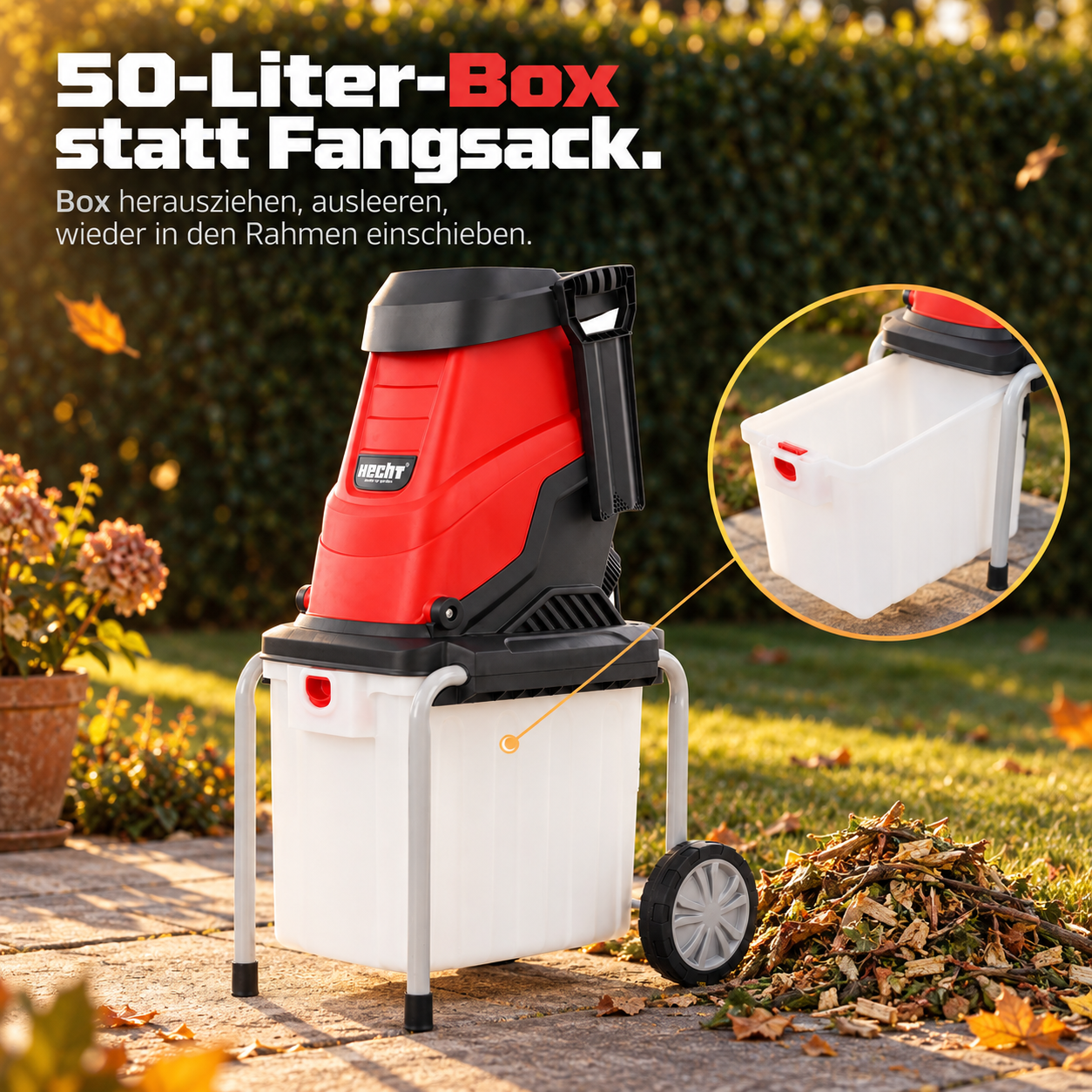 HECHT Elektro-Gartenhäcksler mit praktischer 50-Liter-Auffangbox (Dieses Bild wurde mit Hilfe von KI generiert.)