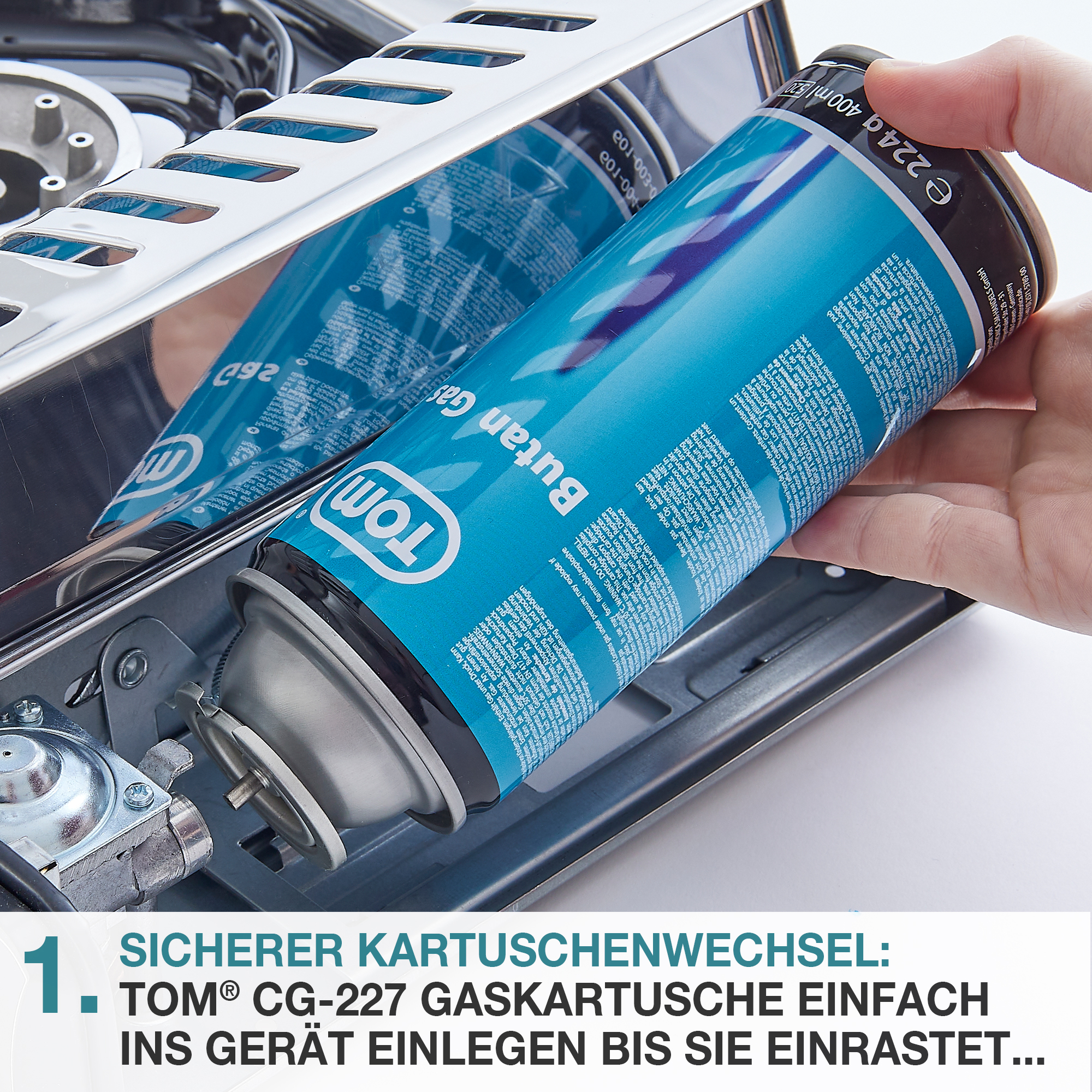 Gaskocher - sicherer Kartuschenwechsel - 227 G Gaskartusche einfach ins Gerät einlegen bis sie einrastet - Camping - Kocher - Outdoor
