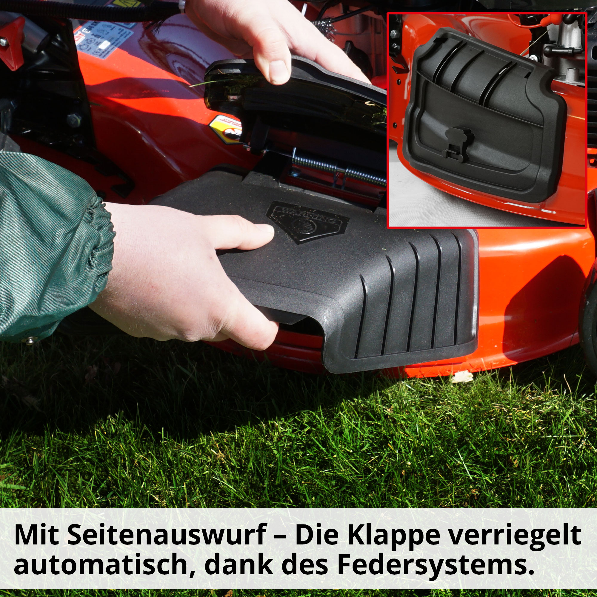 Rote Schnellspanner am HECHT Rasenmäher sorgen dafür, dass sich der Führungsholm leicht klappen lässt