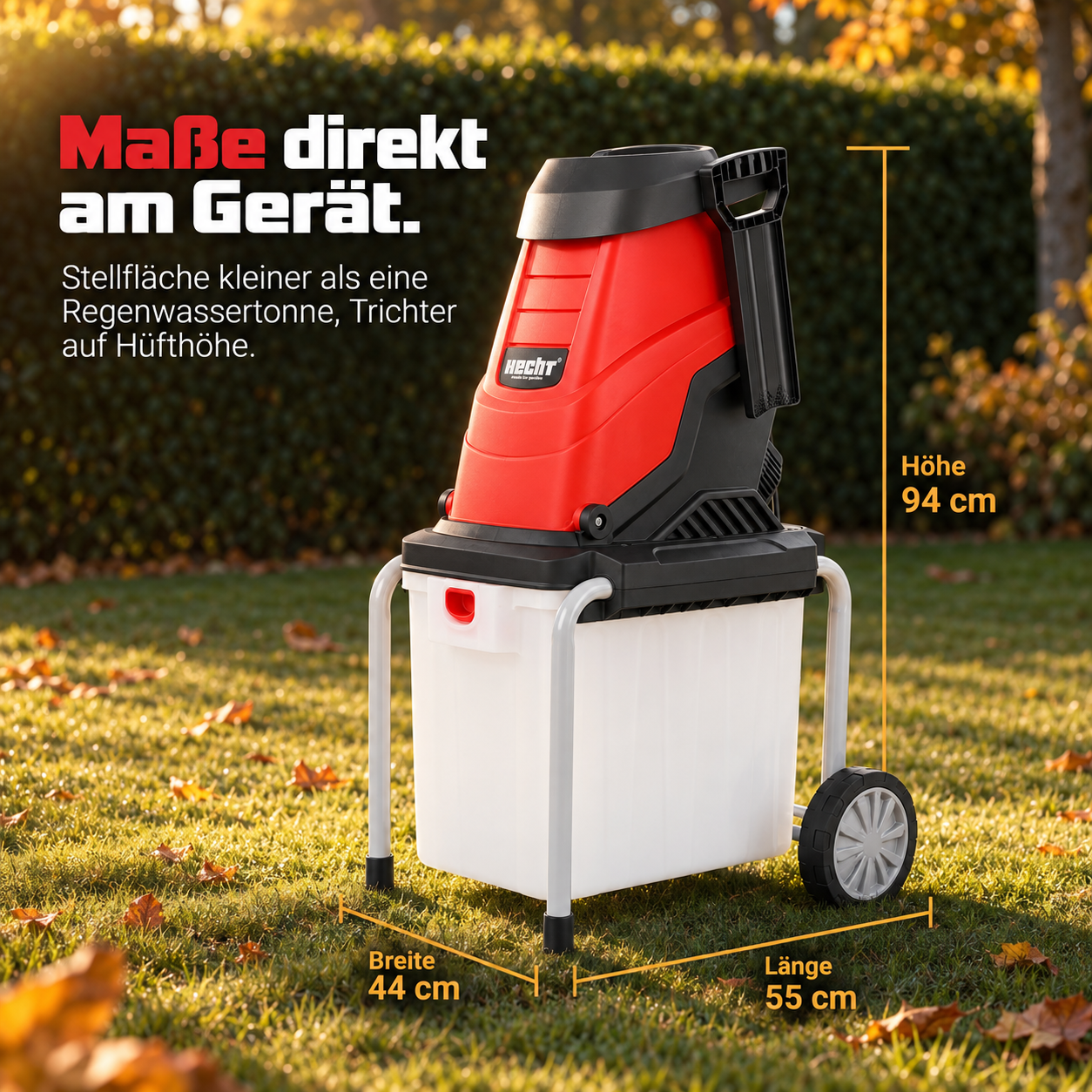 Kompakter HECHT Elektro-Gartenhäcksler: 94 cm hoch, 44 cm breit (Dieses Bild wurde mit Hilfe von KI generiert.)