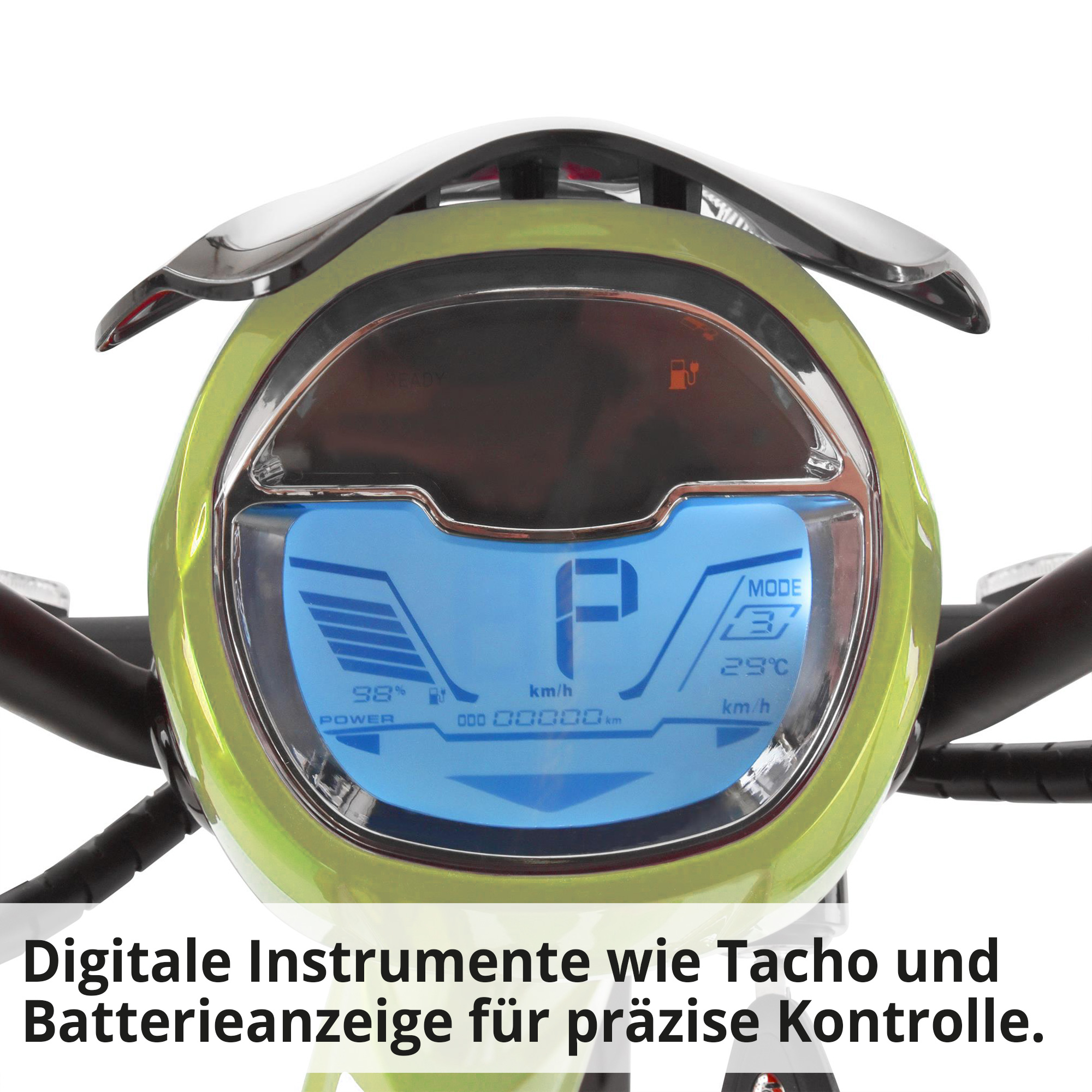 Hecht BETIS Green E-Mofa mit digitalen Instrumenten wie Tacho und Batterieanzeige für präzise Kontrolle