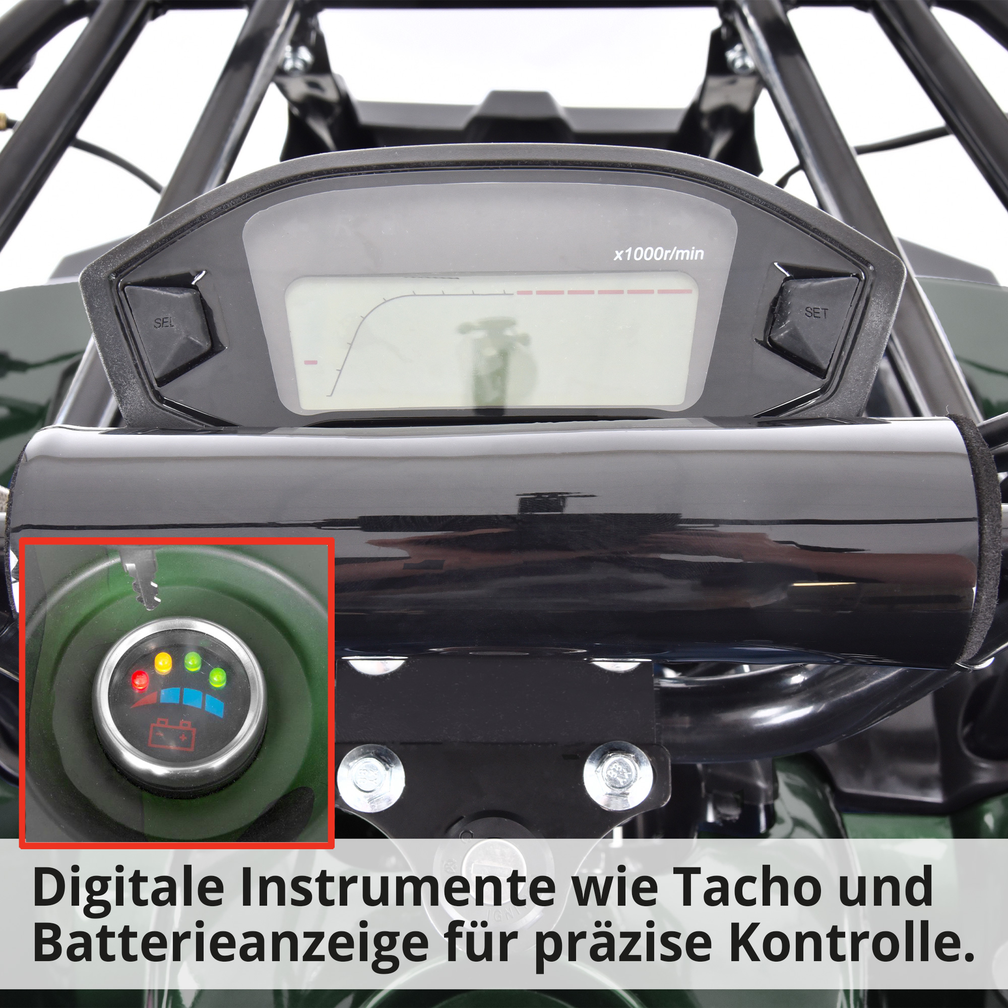 Elektro-Quad mit digitalem Tachometer und Ladeanzeige am Display