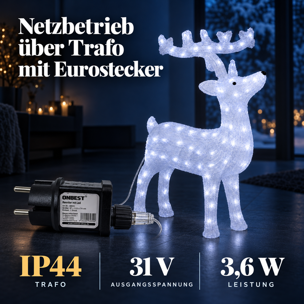 LED-Rentier ONBEST für außen: Sicherer Netzbetrieb über IP44 Trafo (Dieses Bild wurde mit Hilfe von KI generiert.)