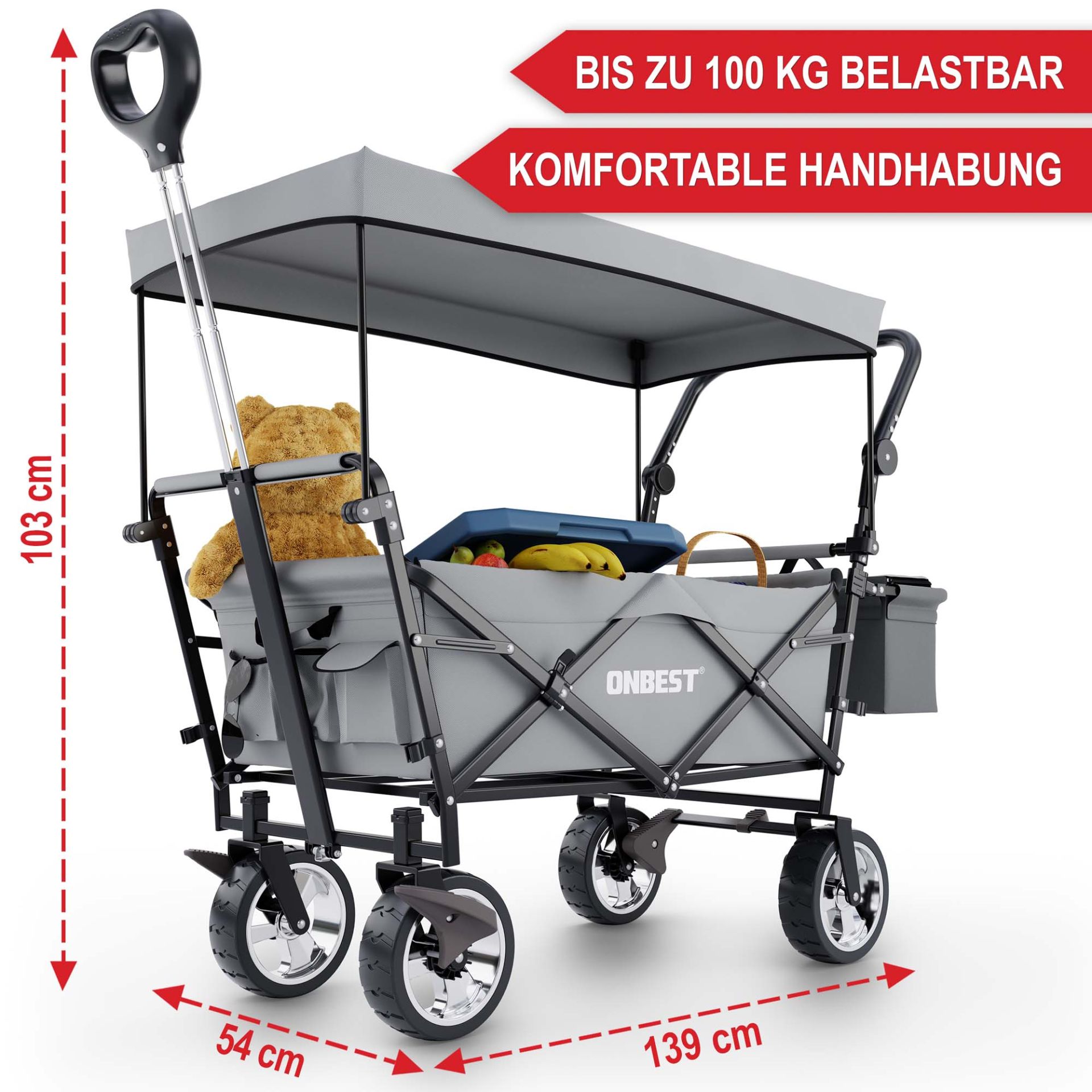 Bollerwagen mit Dach grau - Schwer belastbar, komfortable Handhabung