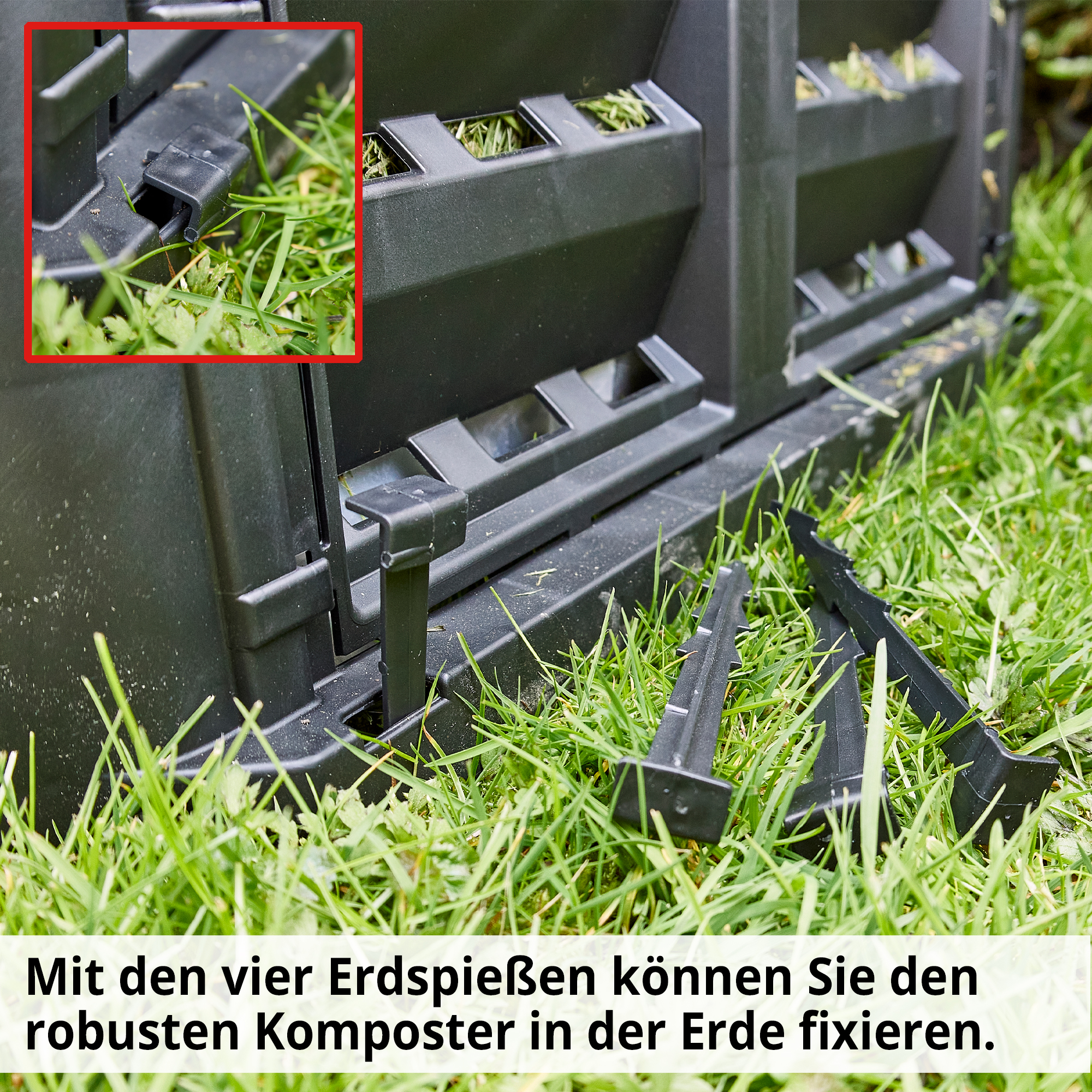 Hecht 3060 Komposter mit den vier Erdspießen können Sie den robusten Komposter in der Erde fixieren