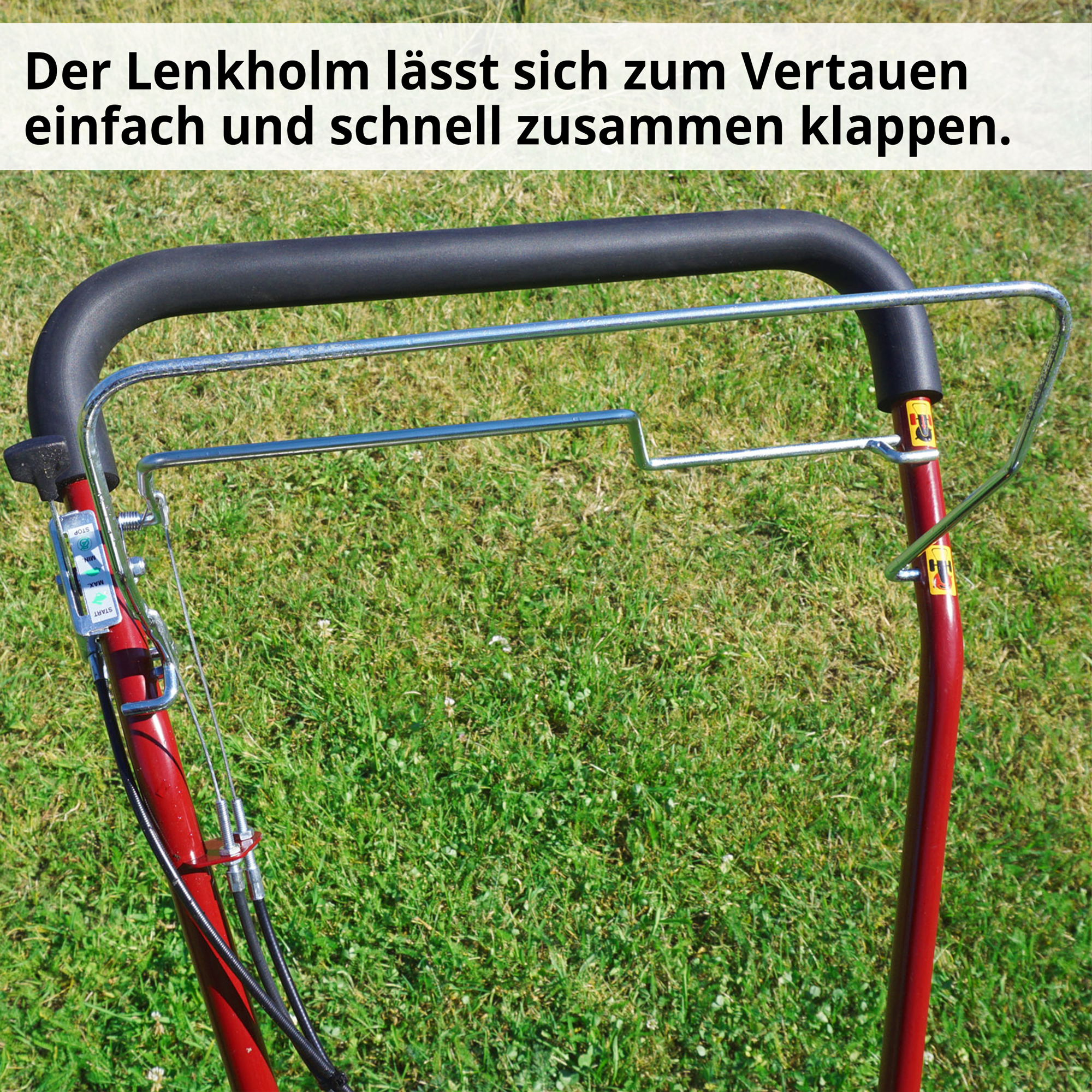 Benzin-Kreiselmäher mit einklappbaren Lenkholm ideal zum Verstauen  