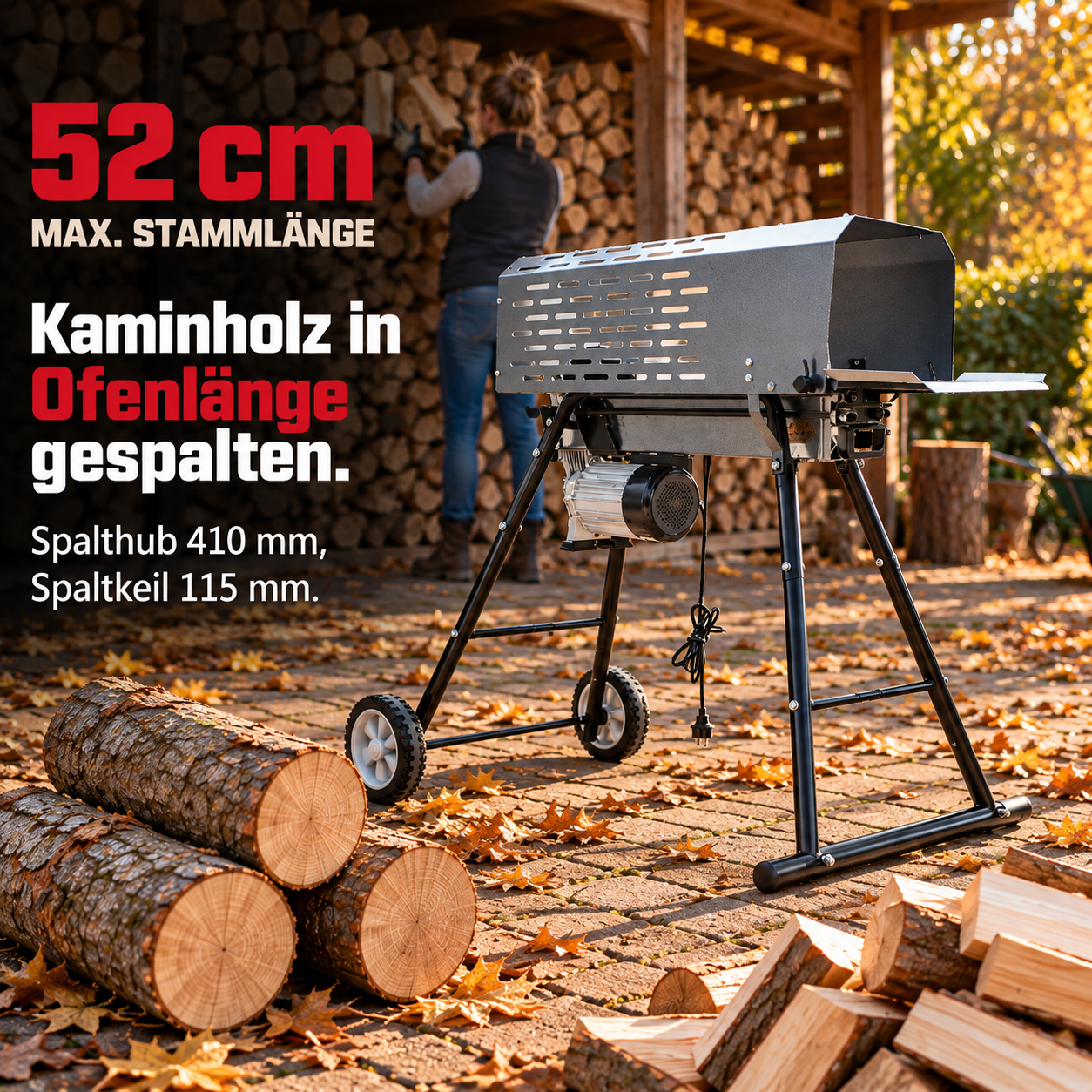 ONBEST Holzspalter spaltet 52 cm lange Stämme exakt auf Kaminofen-Länge (Dieses Bild wurde mit Hilfe von KI generiert.)