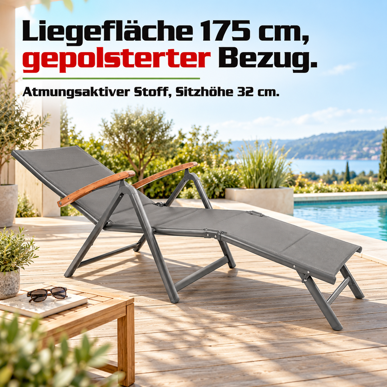 Sonnenliege Montana: 175 cm Liegefläche mit gepolstertem Bezug (Dieses Bild wurde mit Hilfe von KI generiert.)