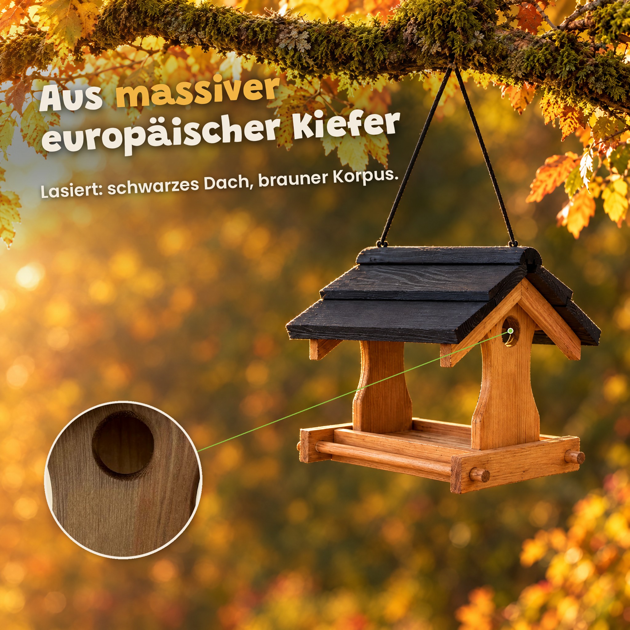 Futterhaus aus Kiefernholz: Lasiert mit schwarzem Dach und braunem Korpus (Dieses Bild wurde mit Hilfe von KI generiert.)