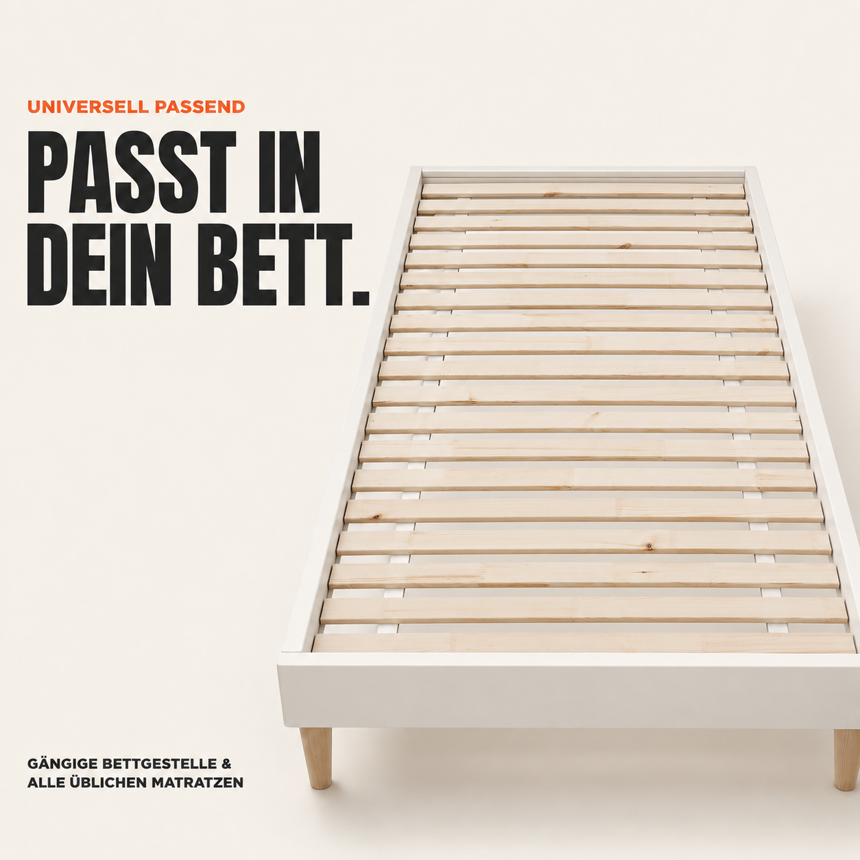 Universeller Lattenrost im weißen Bettgestell für alle Matratzen (Dieses Bild wurde mit Hilfe von KI generiert.)