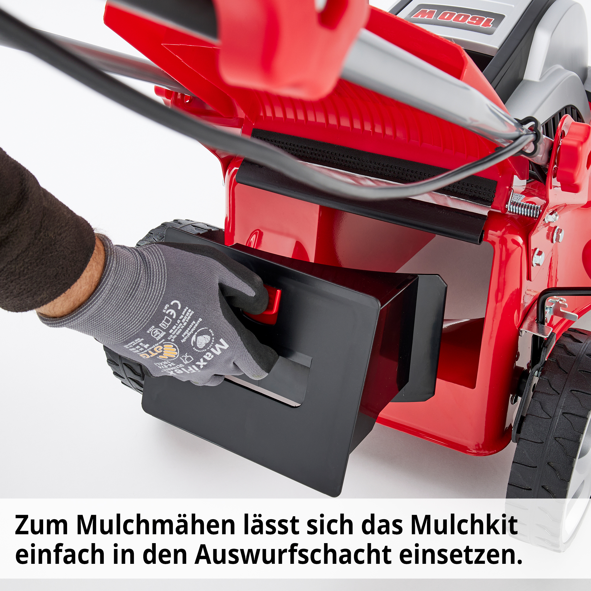 Elektro-Rasenmäher für Mulchmähen einfach Mulchkit in Auswurfschacht setzen 