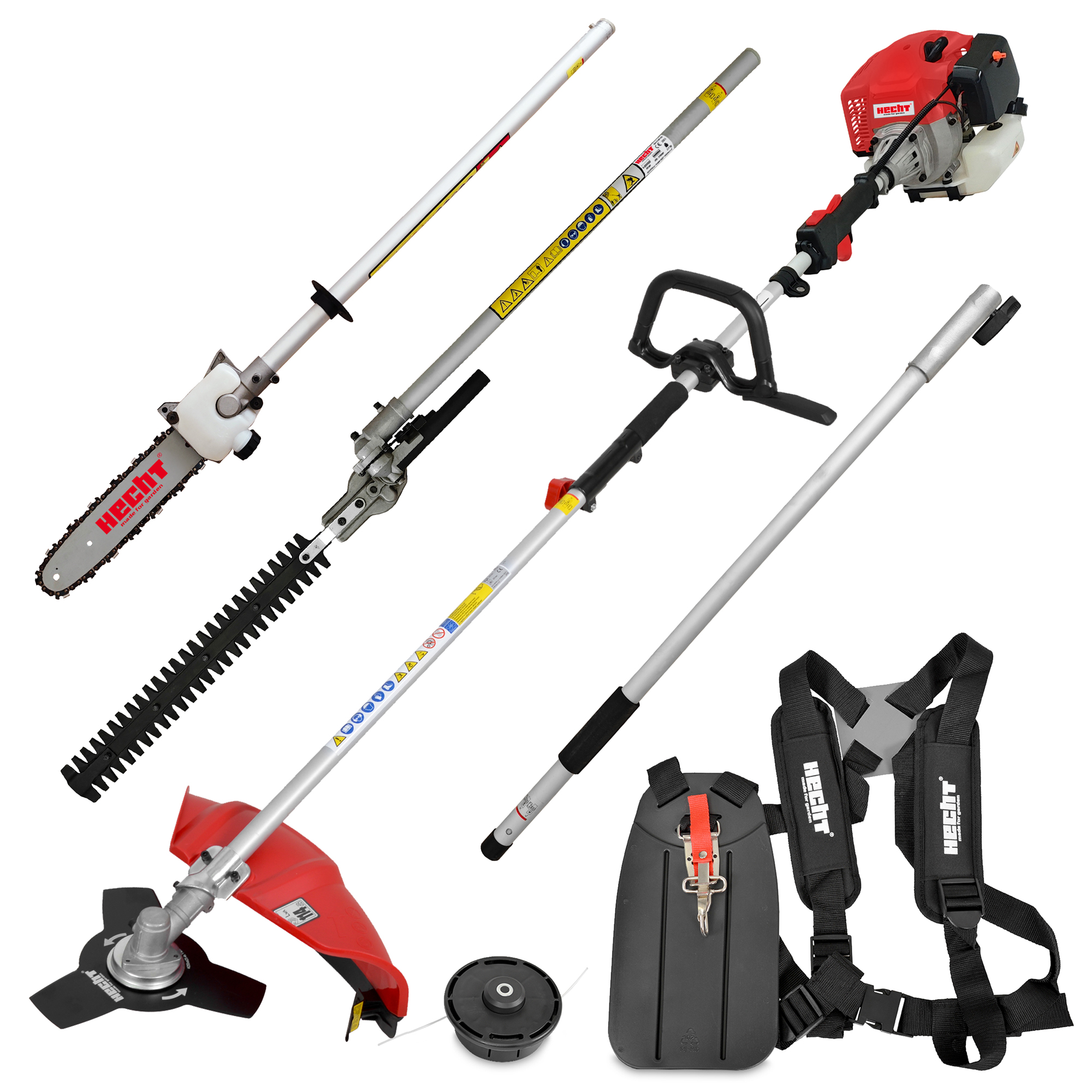 HECHT Multitool Benzin 1352 mit Rasentrimmer Heckenschere Freischneider Hochentaster Aufsatz