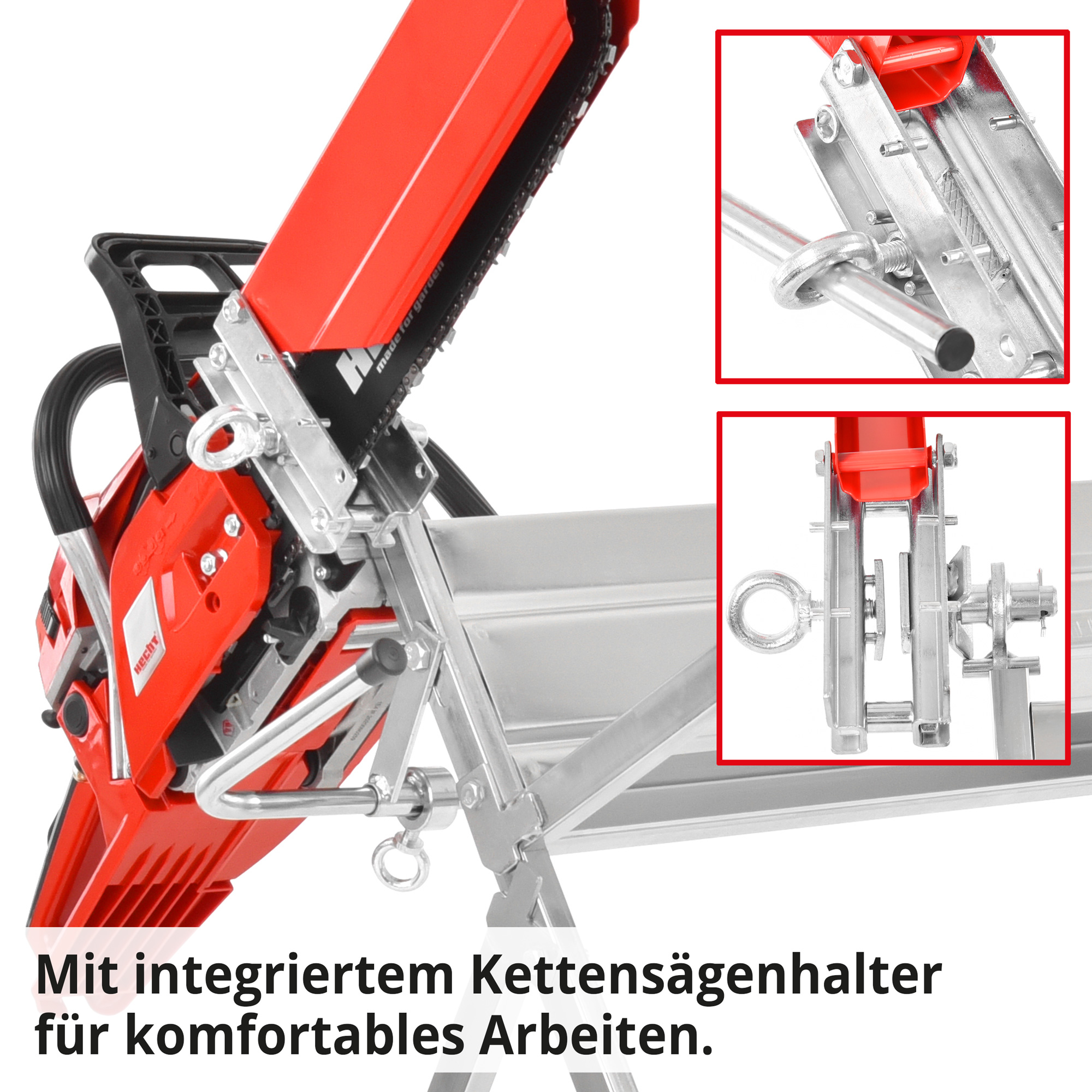 HECHT 902 Sägebockständer mit integriertem Kettensägehalter für komfortables Arbeiten