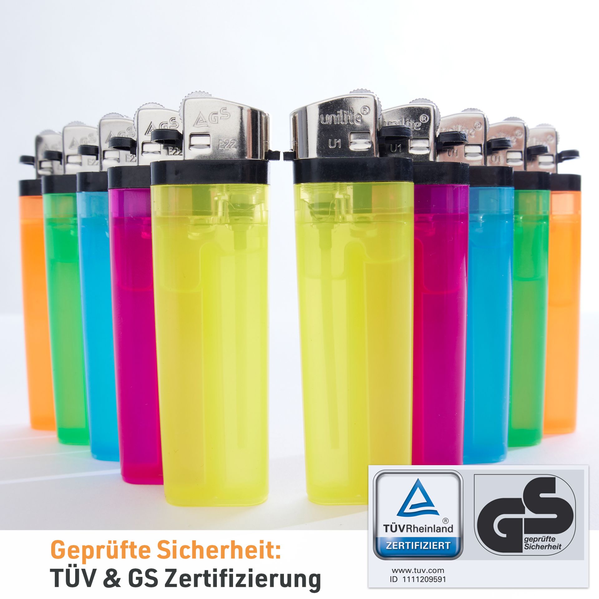 Unilite Reibrad Feuerzeug; TÜV und GS Zertifizierung
