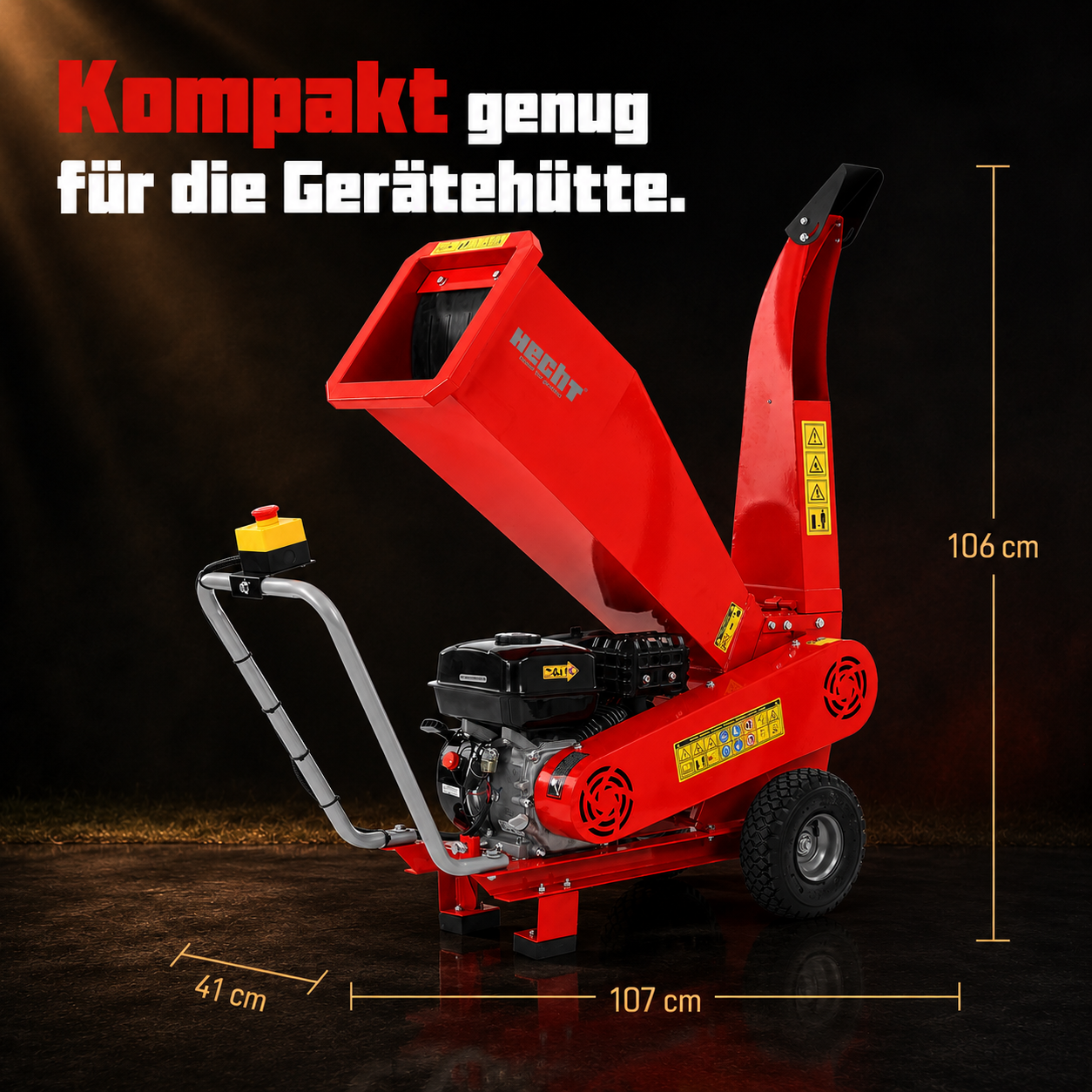 Kompakter HECHT Benzin-Häcksler 6208 mit platzsparenden Abmessungen (Dieses Bild wurde mit Hilfe von KI generiert.)