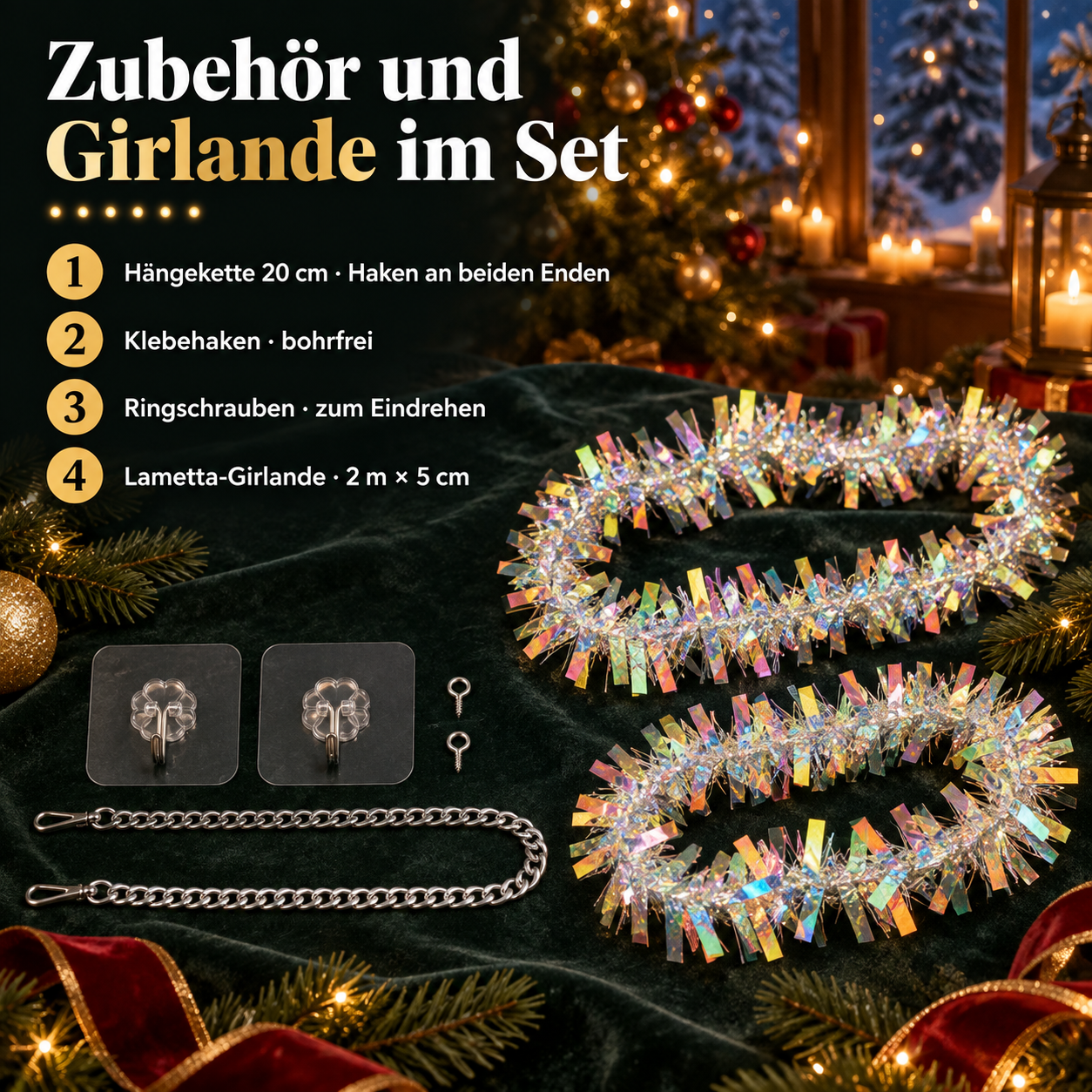 Zubehör für Disco-Kugeln: Hängeketten, Klebehaken und Lamettagirlande (Dieses Bild wurde mit Hilfe von KI generiert.)