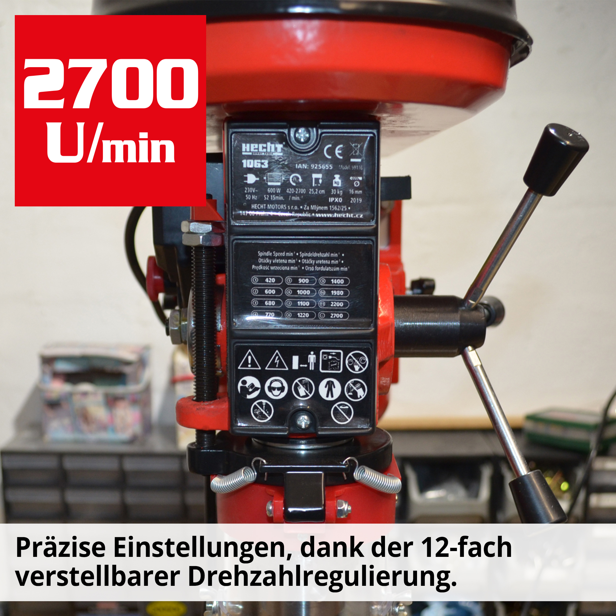 Standbohrmaschine Drehzahlregulierung 12-fach einstellbar Tabelle 2700 U/min Spindeldrehzahl Hebel