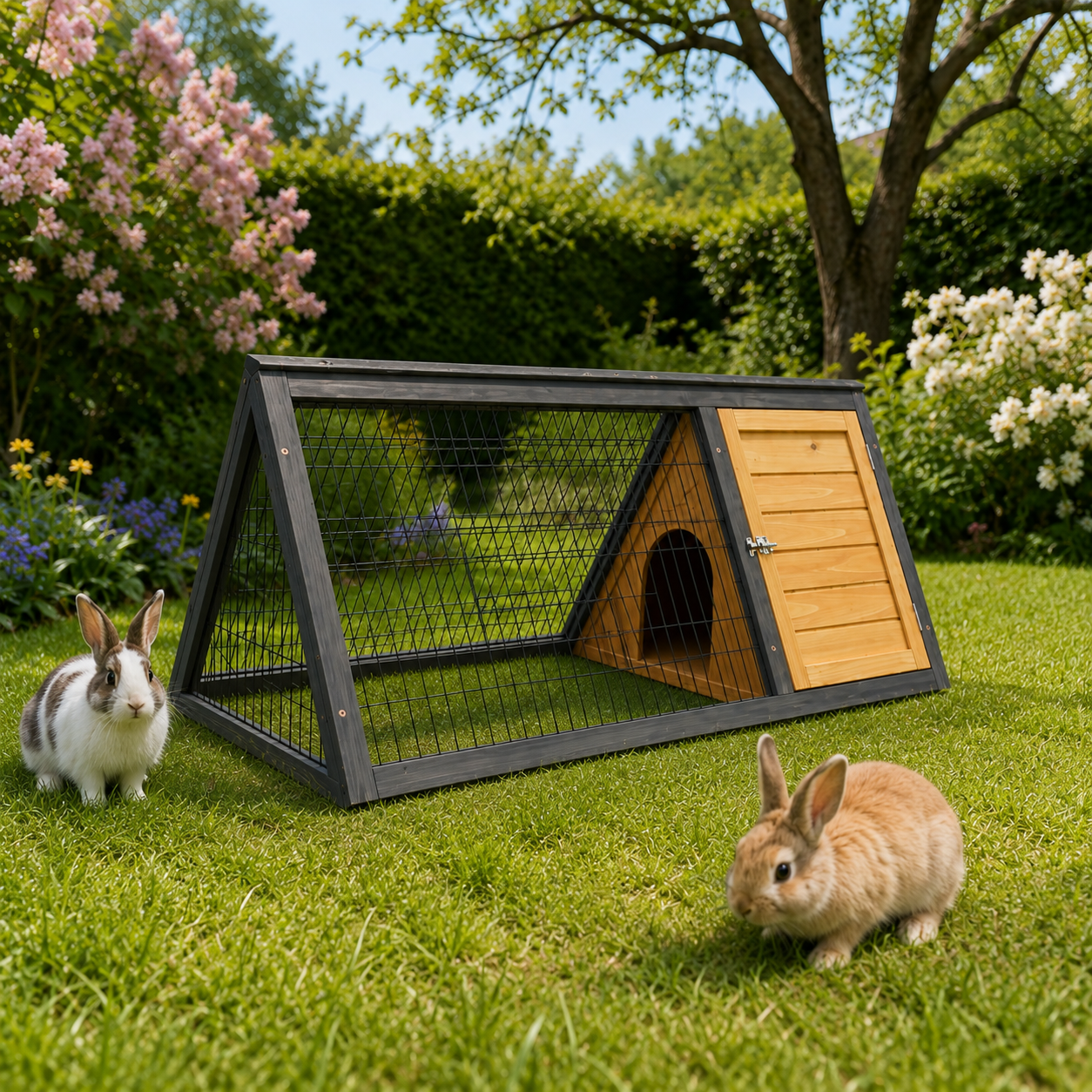 zooprinz Hasenstall im grünen Garten mit zwei Kaninchen auf dem Rasen
