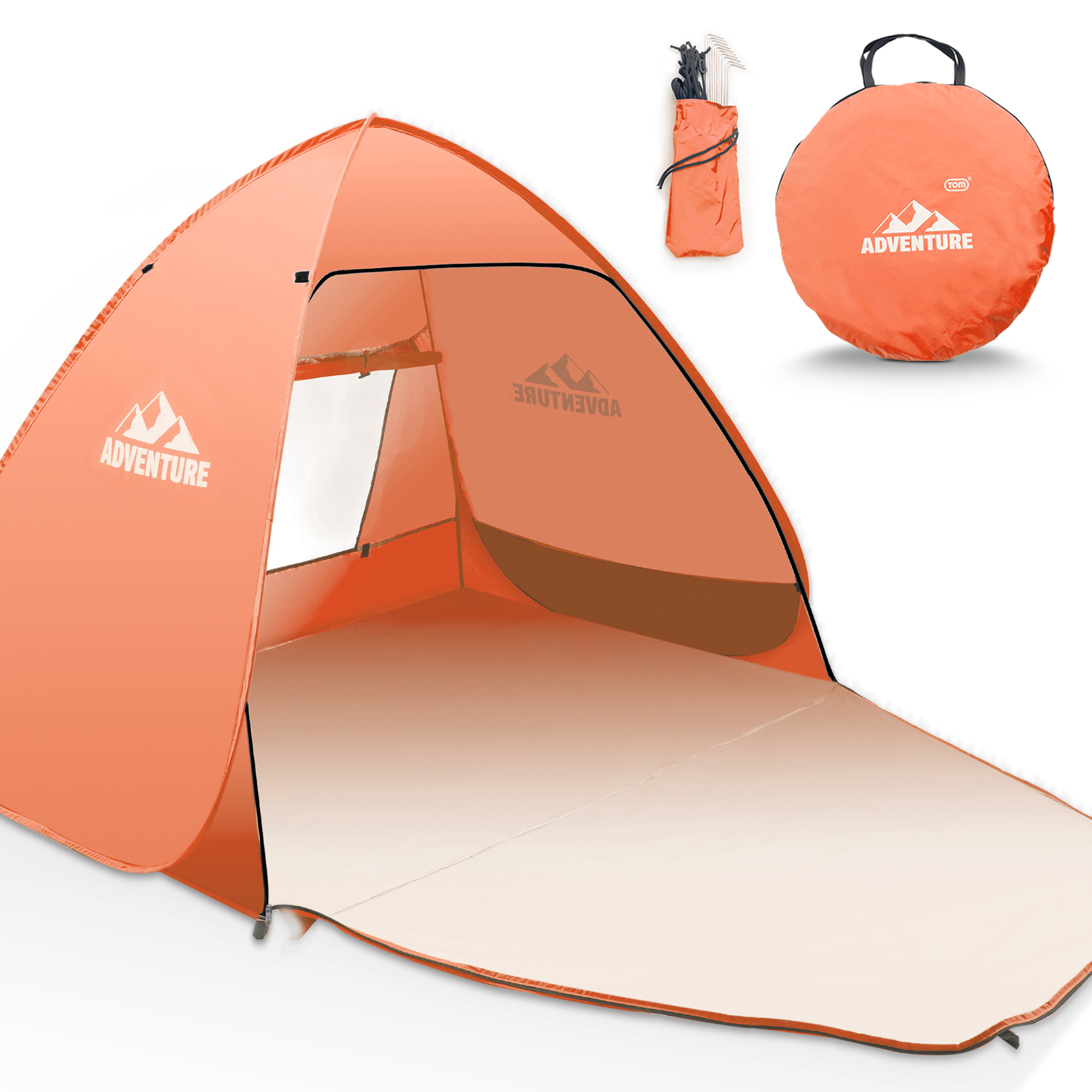Orangene Strandmuschel mit ausklappbarem Boden inklusive passender Tragetasche und Zubehör