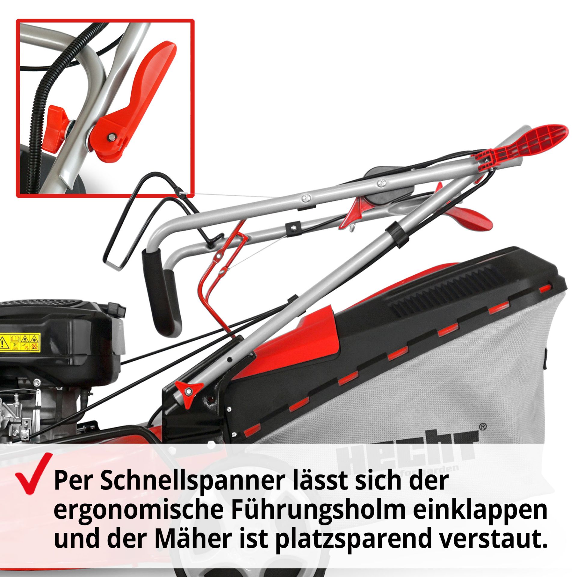 Benzin-Rasenmäher mit Führungsholm per Schnellspanner klappbar für platzsparende Lagerung und ergonomisches Design für komfortables Mähen