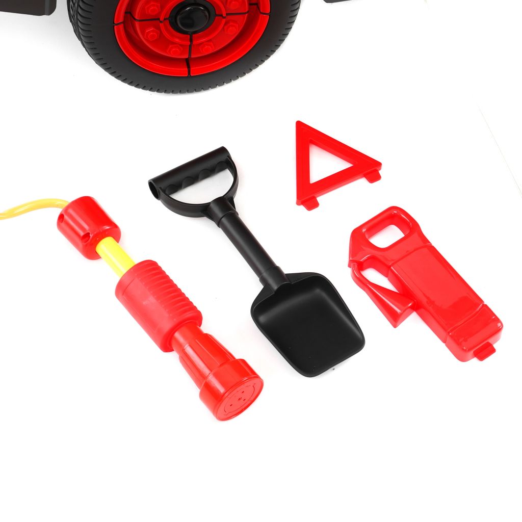 Feuerwehr-Elektroauto mit Warndreieck, Feuerlöscher und Schaufel (Dieses Bild wurde mit Hilfe von KI generiert.)