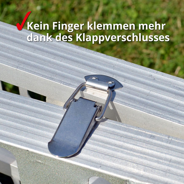 Klappverschluss Auffahrrampe – sicheres Verriegeln ohne Fingerklemmen dank cleverer Technik