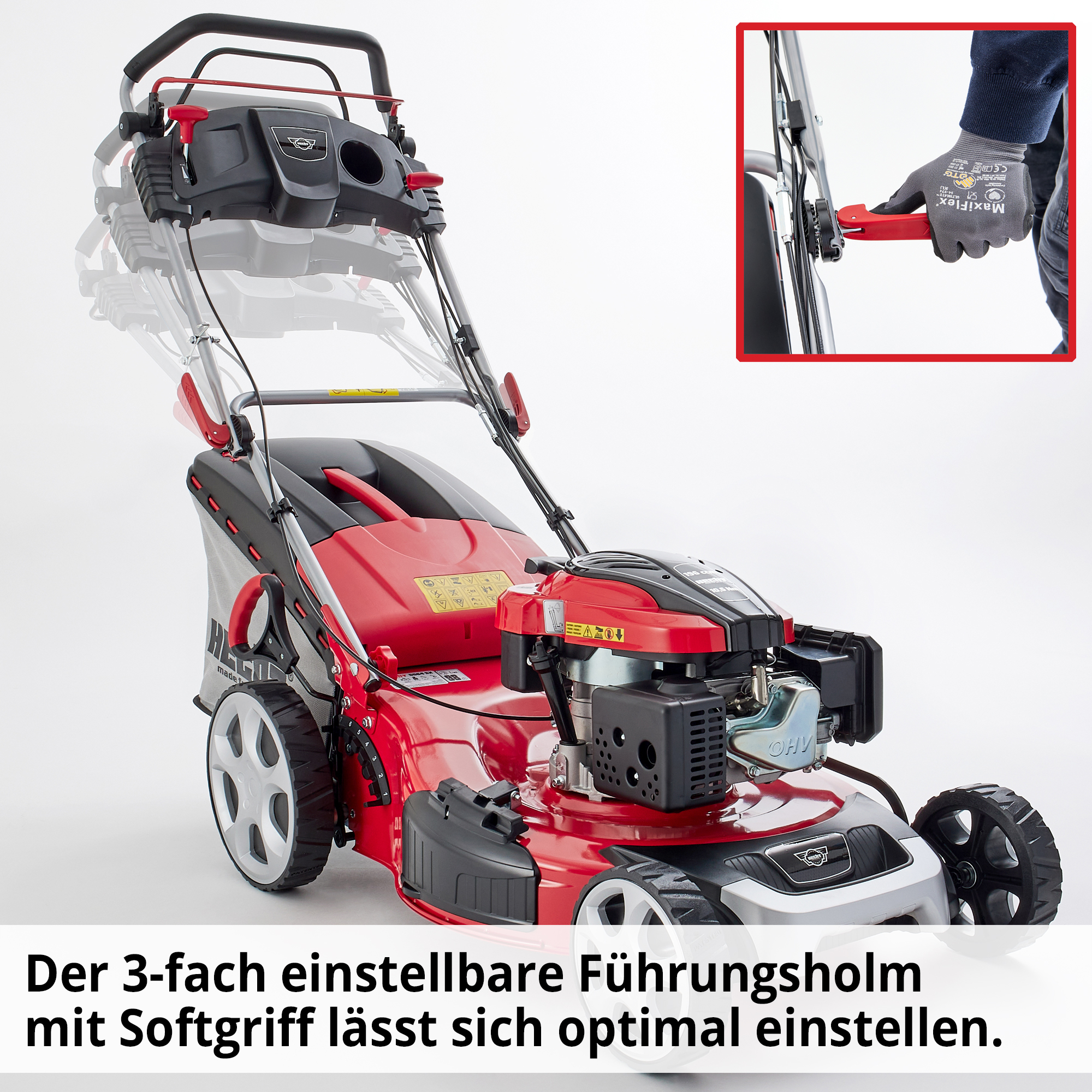 Benzinrasenmäher mit 3-fach verstellbaren Führungsholm mit Softgriff 