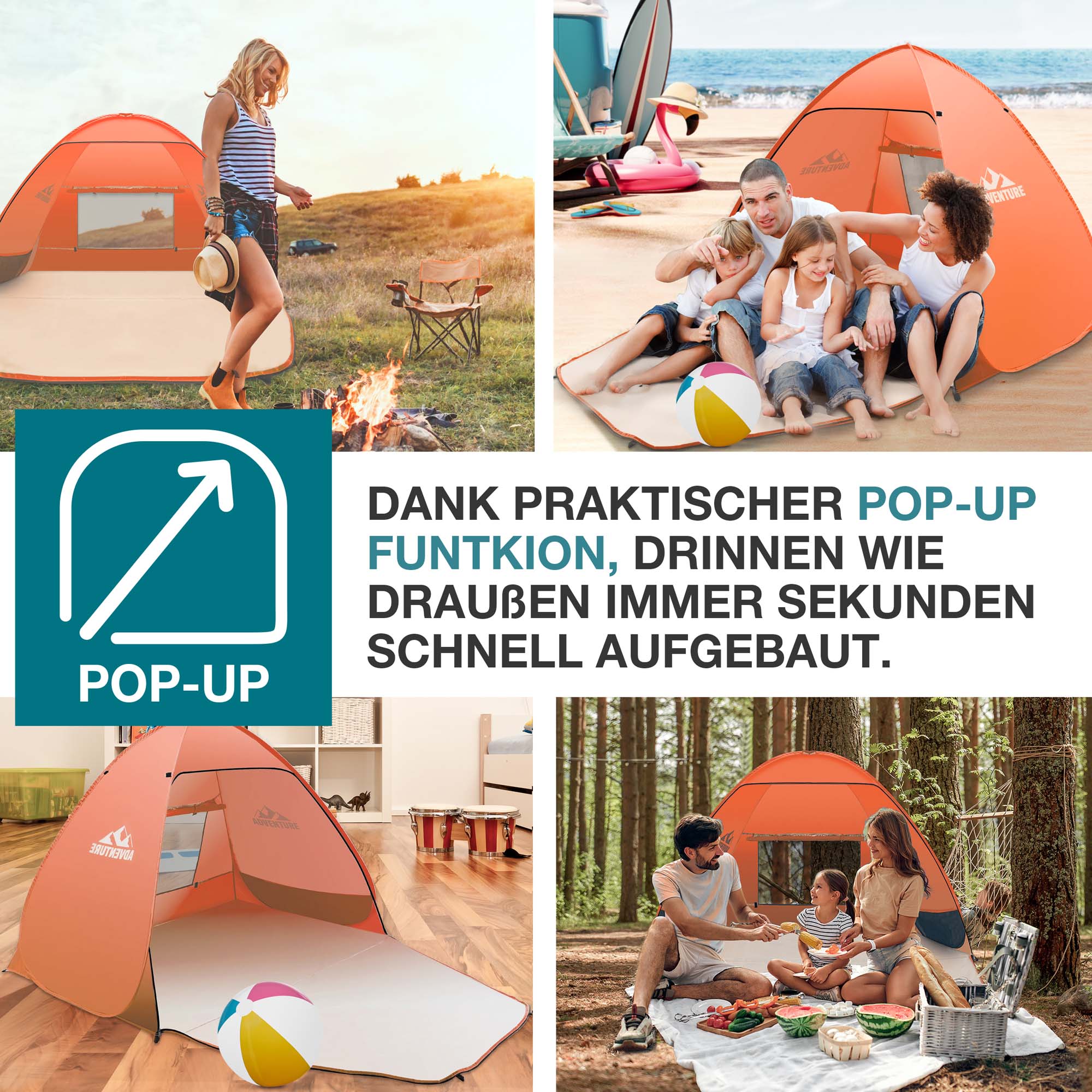 Praktische Pop-Up Funktion für schnellen Aufbau der organgenen Strandmuschel ideal für verschiedene Umgebungen wie Strand Wohnzimmer oder Wald