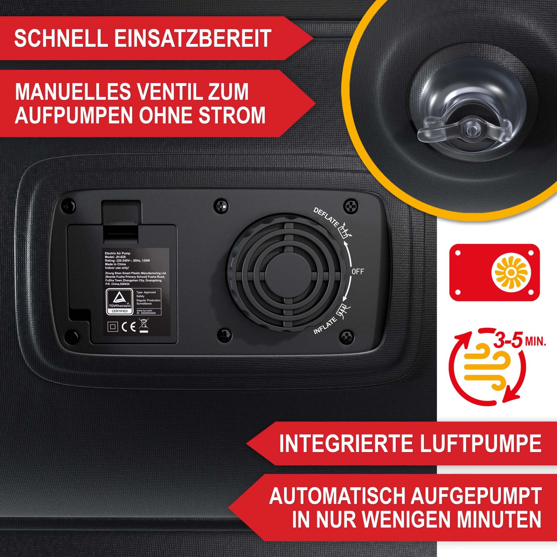 Luftbett Kingsize Schwarz - Schnell Einsatzbereit; manuelles Ventil zum aufpumpen ohne Strom; integrierte Luftpumpe; automatisch aufgepumpt in nur wenigen Minuten