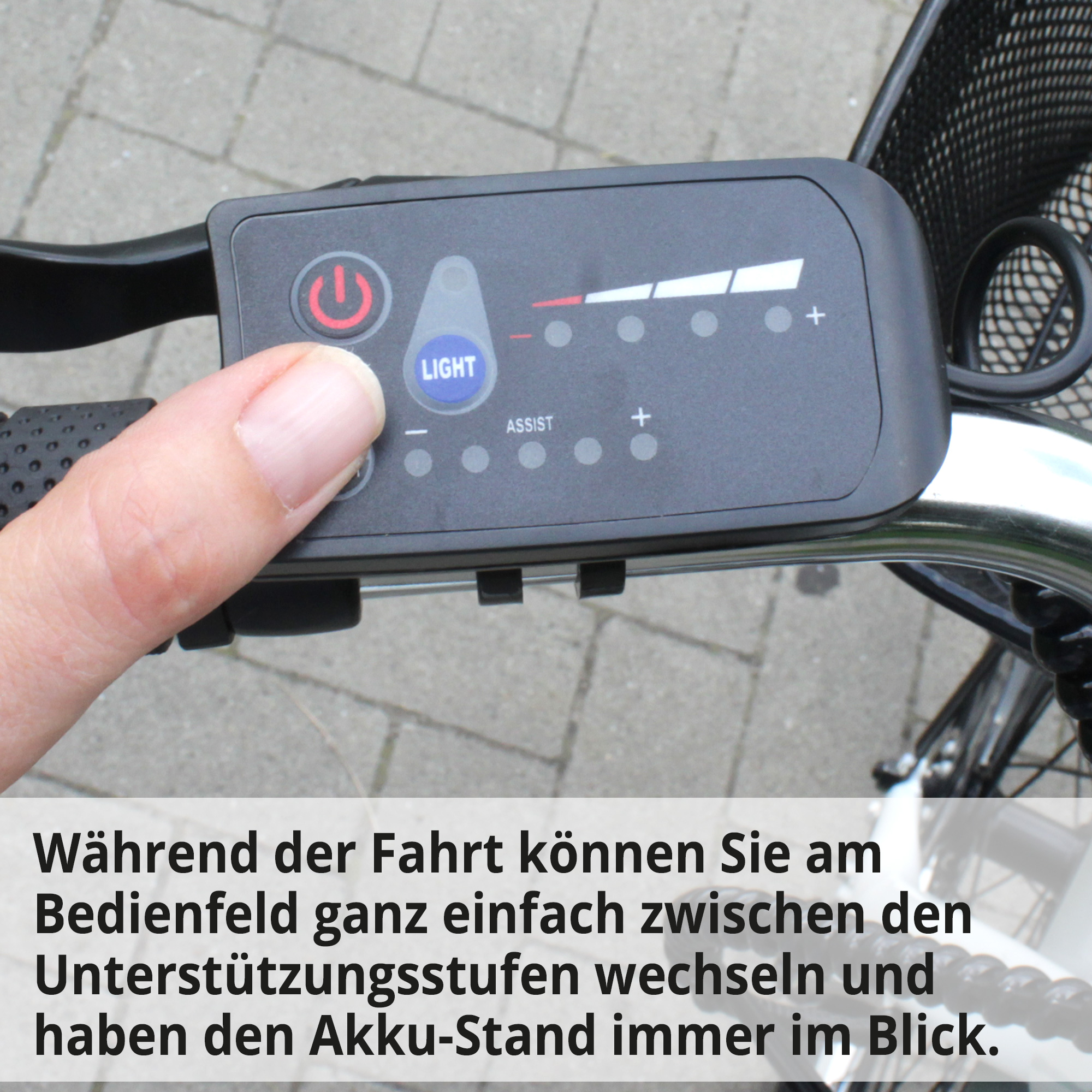 E-Bike Display mit Akkuanzeige und Bedientasten für Unterstützungsstufen