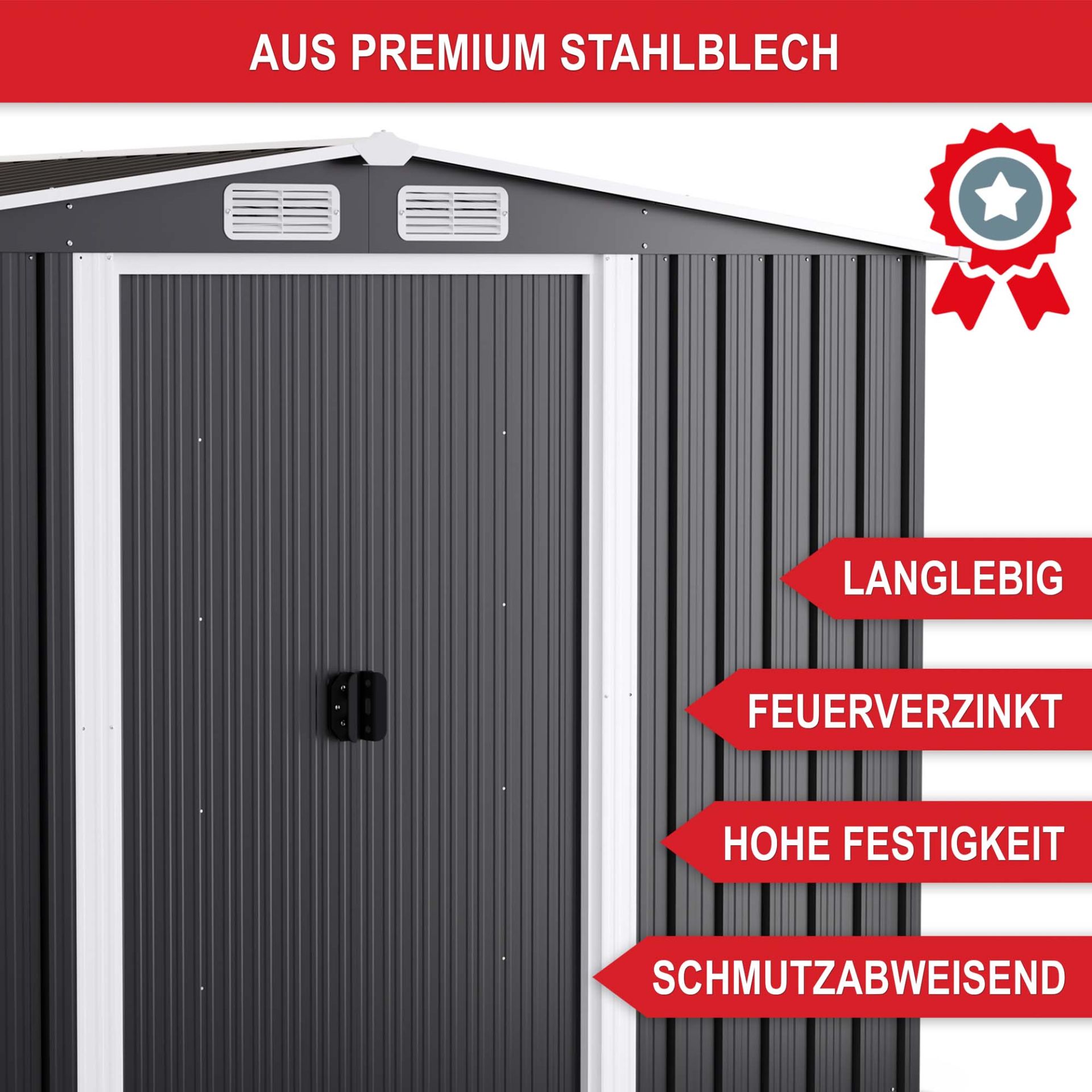 Gerätehaus aus feuerverzinktem Stahlblech Gerätehaus aus feuerverzinktem Stahlblech