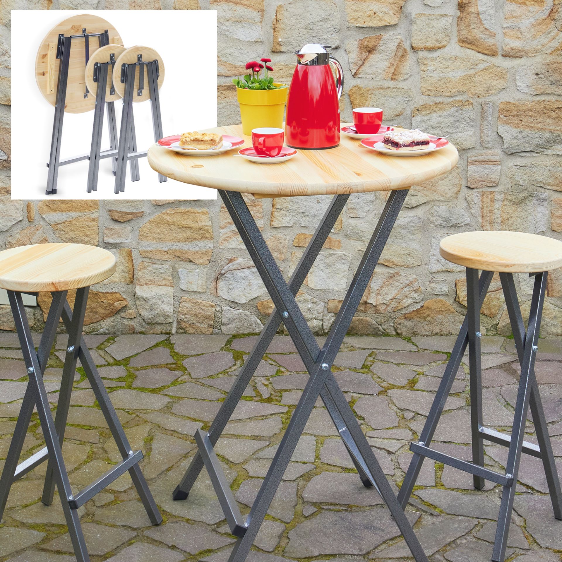 Stehtisch Set mit Holzplatte - Einklappbar