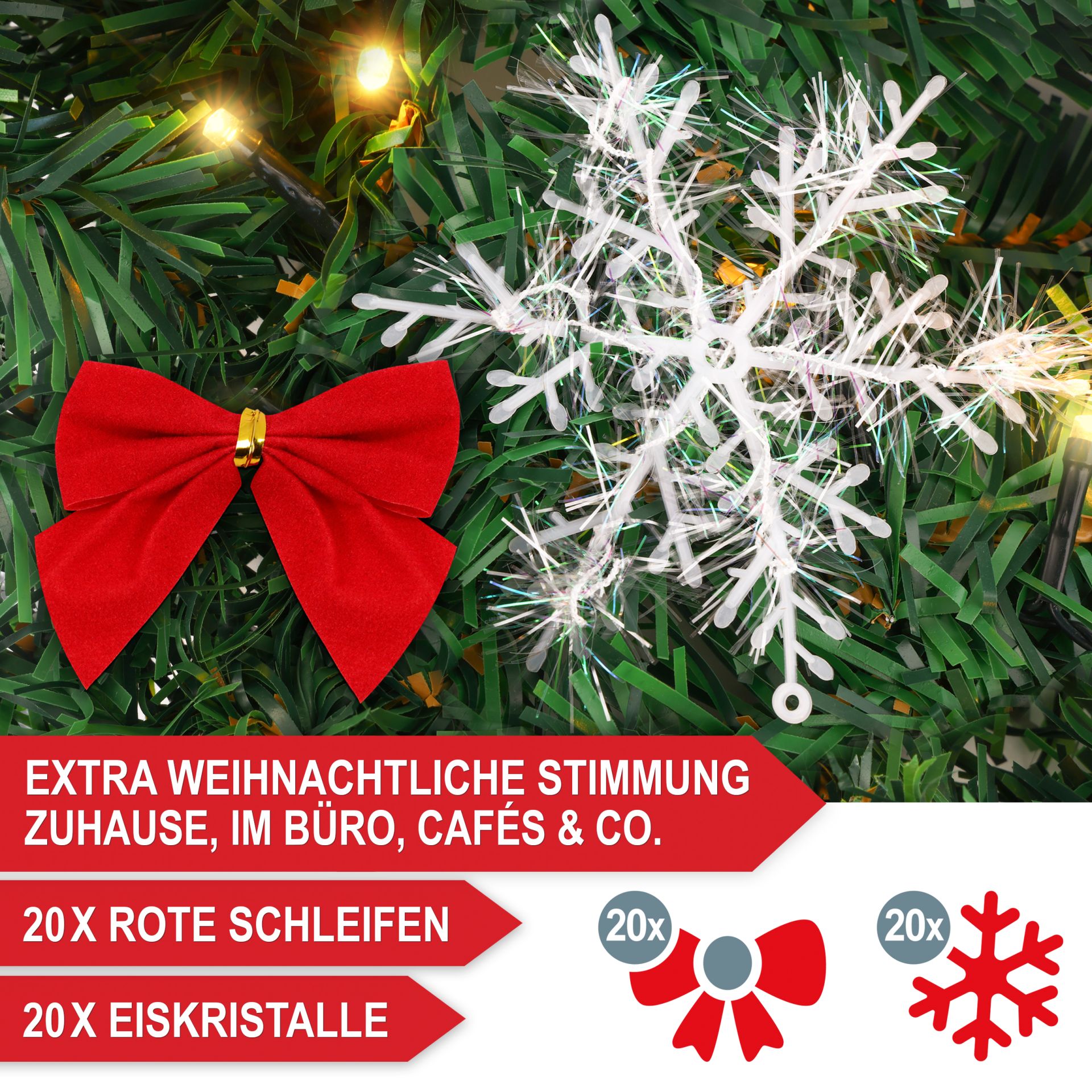 Weihnachtsgirlande 10m - Extra weihnachtliche Stimmung, 10mal rote Schleife, 10mal Eiskristalle