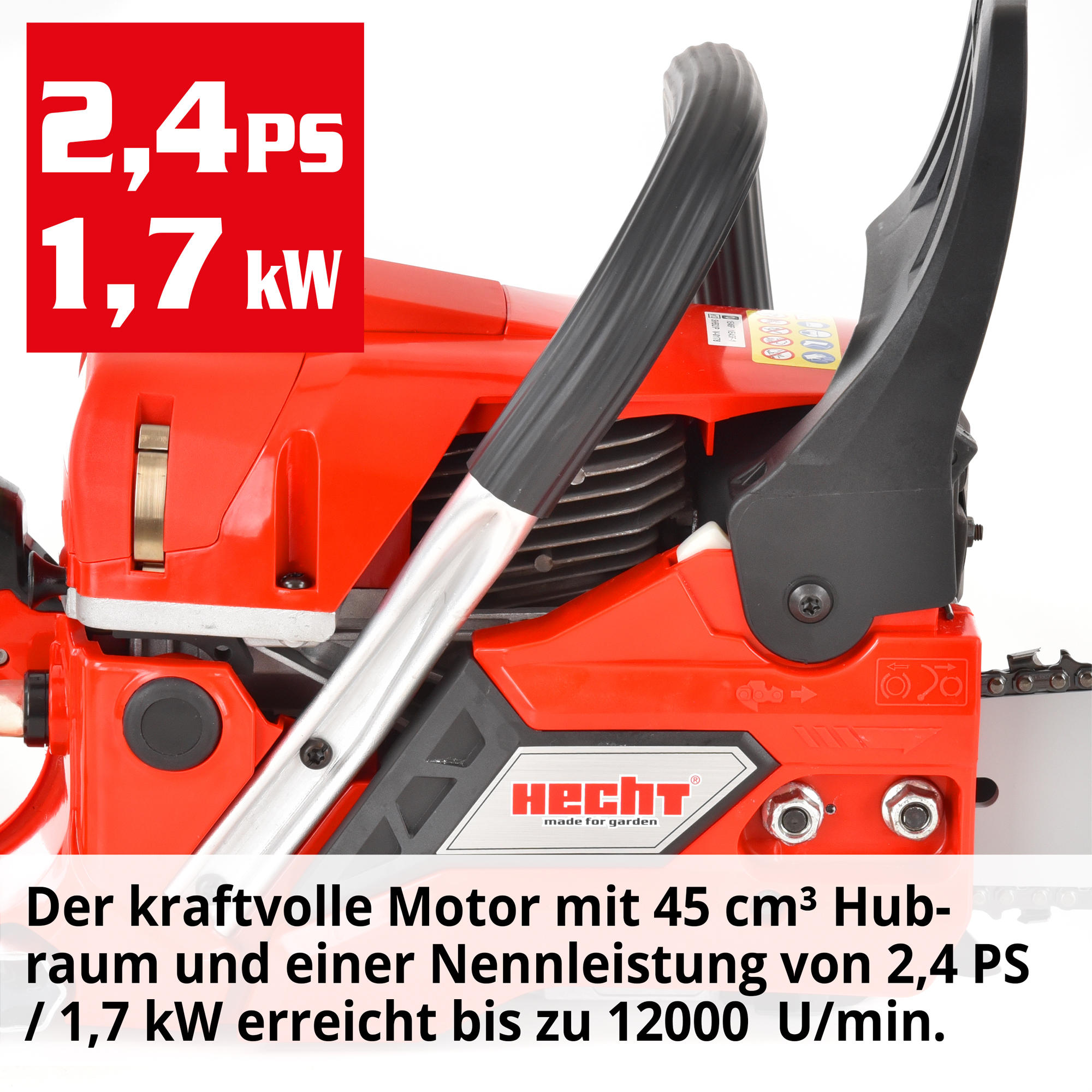 HECHT Motorsäge 945 Motorsäge mit kraftvollem Motor mit 45 ccm Hubraum, 2,4 PS / 1,7 Nennleistung und 12000 U/min