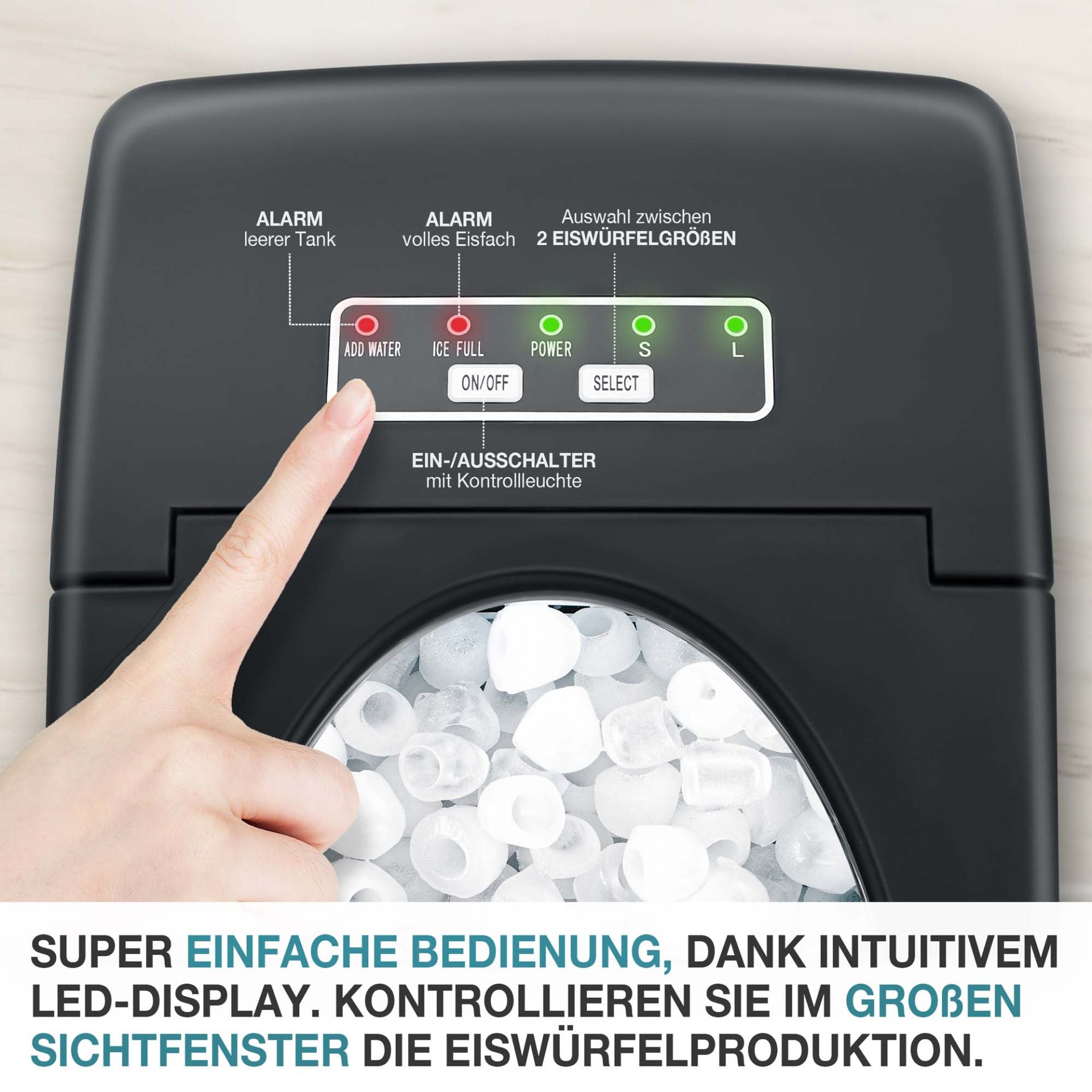 TOM Eiswürfelmaschine IC-120; einfache Bedienung und Kontrolle durch großem Sichtfenster