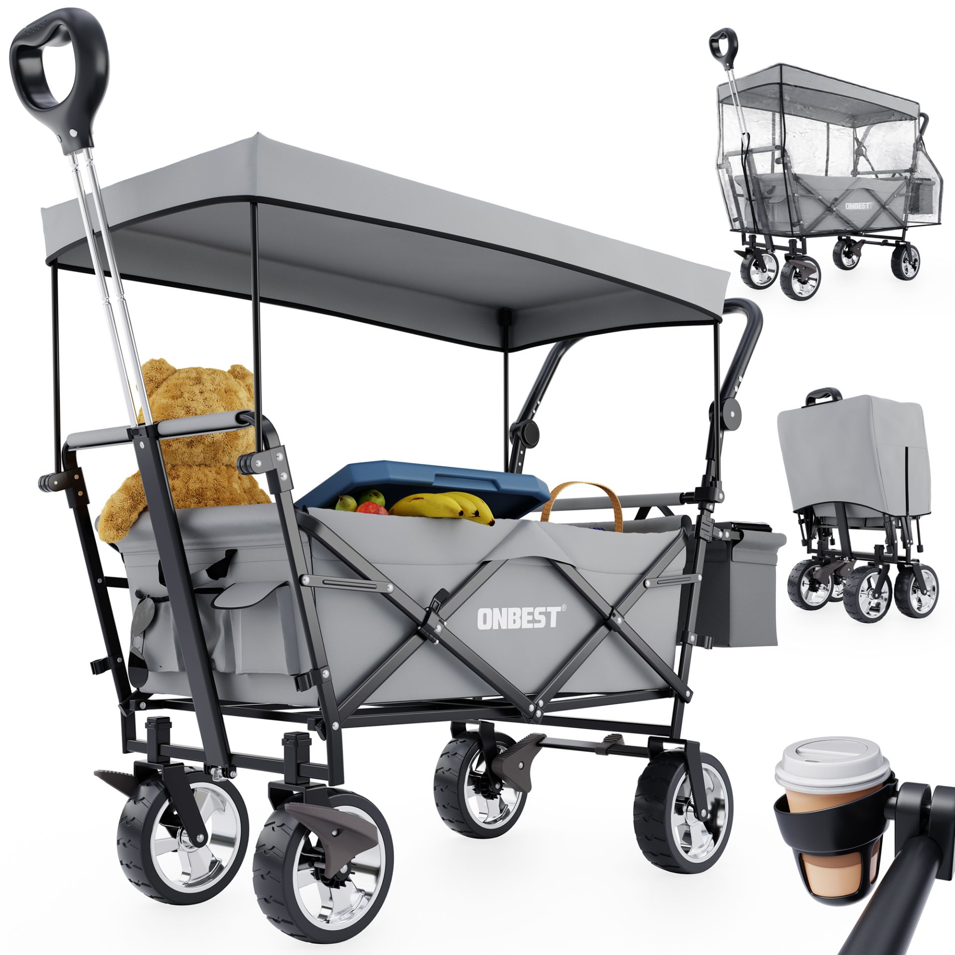 Bollerwagen ONBEST klappbar mit Sonnendach, Regenschutz, Getränkehalter und viel Stauraum