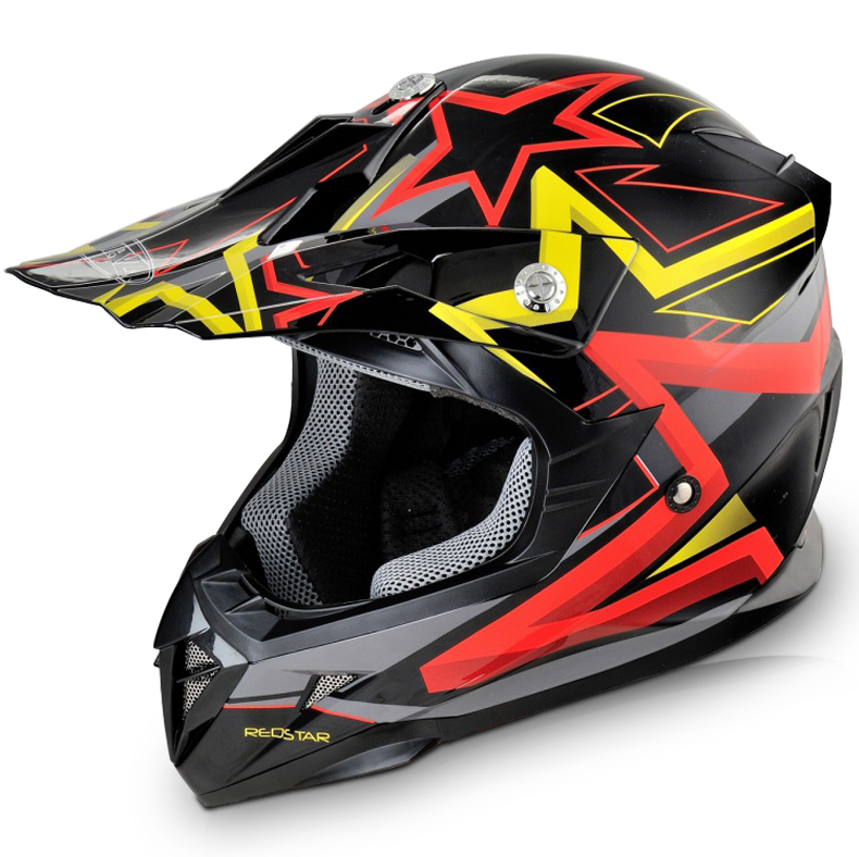 Motocrosshelm Kinder schwarz-rot mit Sternen-Design für coolen Look und sicheren Sitz.